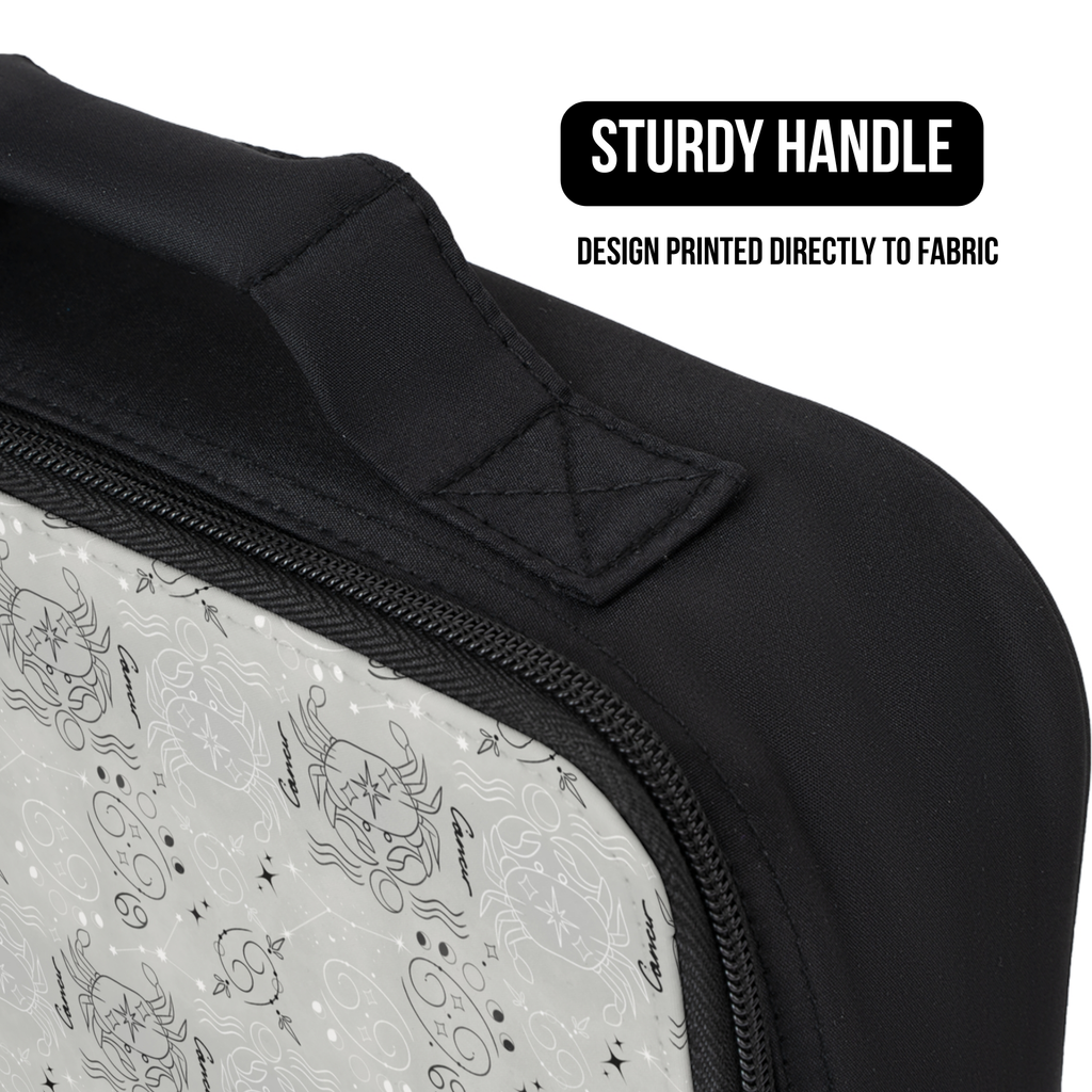 Black lunch bag with a handle and Cancer zodiac pattern design printed directly to fabric, on a white background.