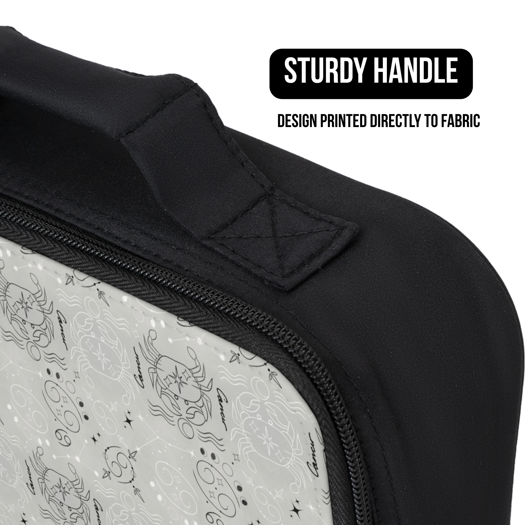 Black lunch bag with a handle and Cancer zodiac pattern design printed directly to fabric, on a white background.