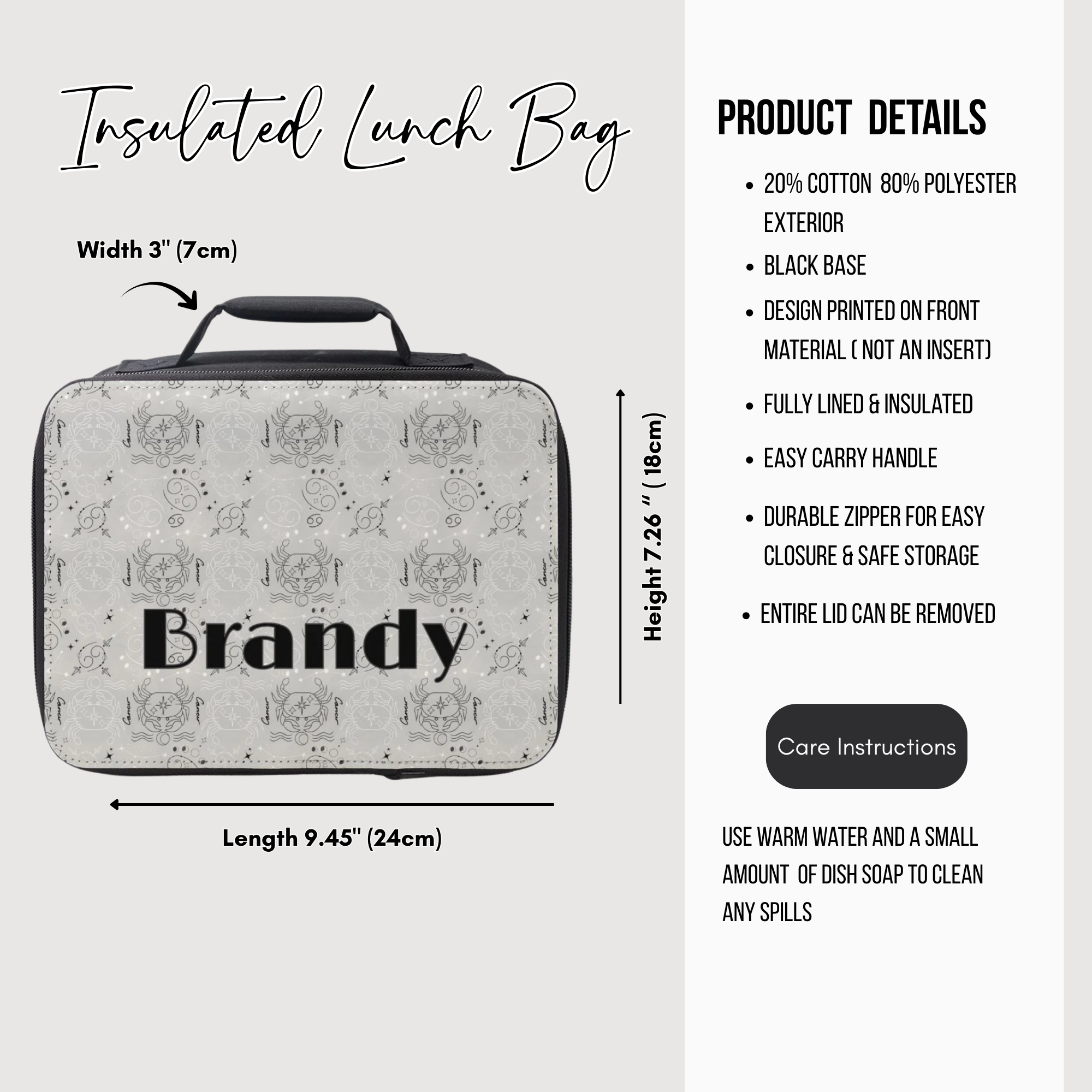 Insulated lunch bag with personalized Cancer zodiac pattern and product details on a white background