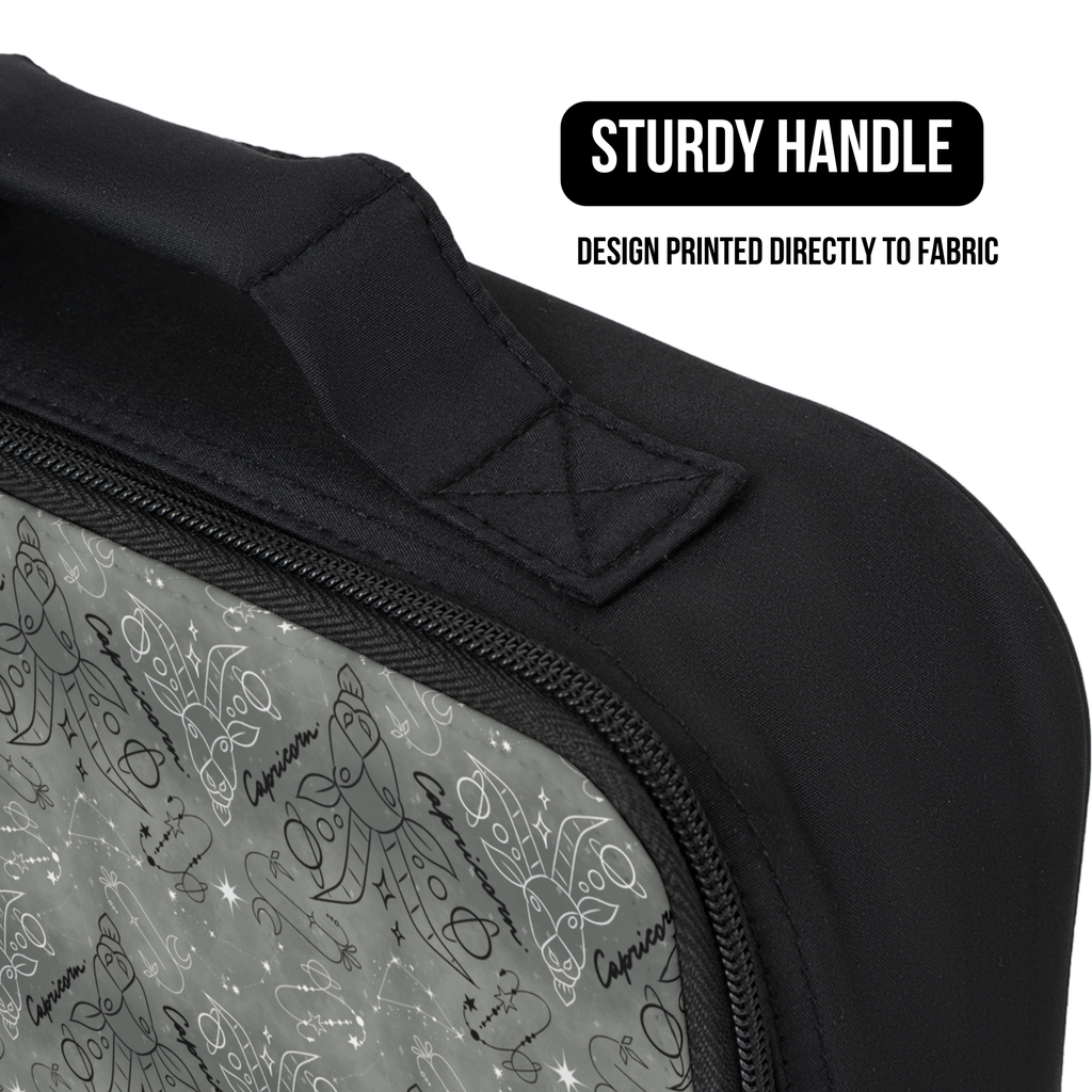 Black lunch bag with zippers and a handle, featuring a zodiac design printed directly to fabric.
