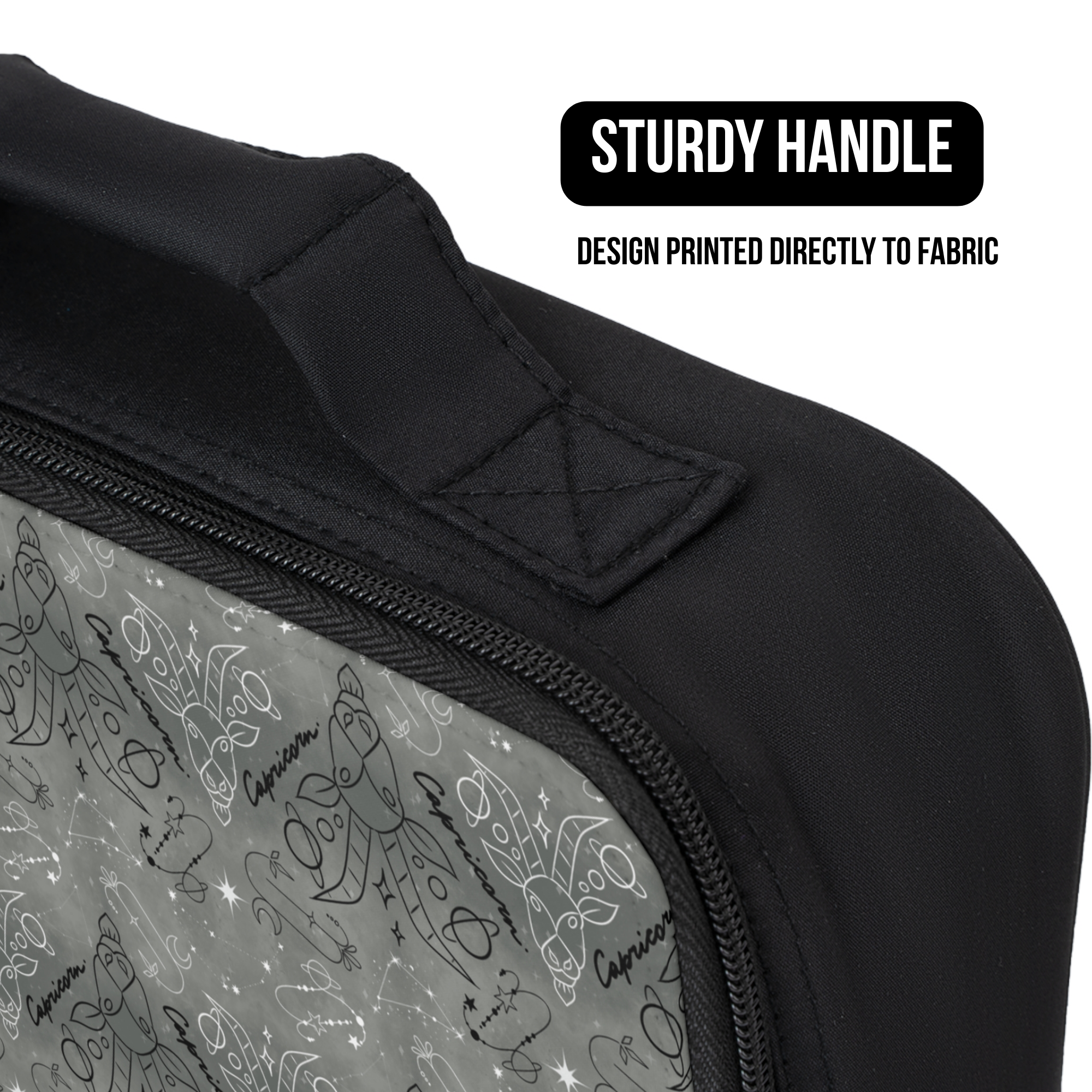 Black lunch bag with zippers and a handle, featuring a zodiac design printed directly to fabric.