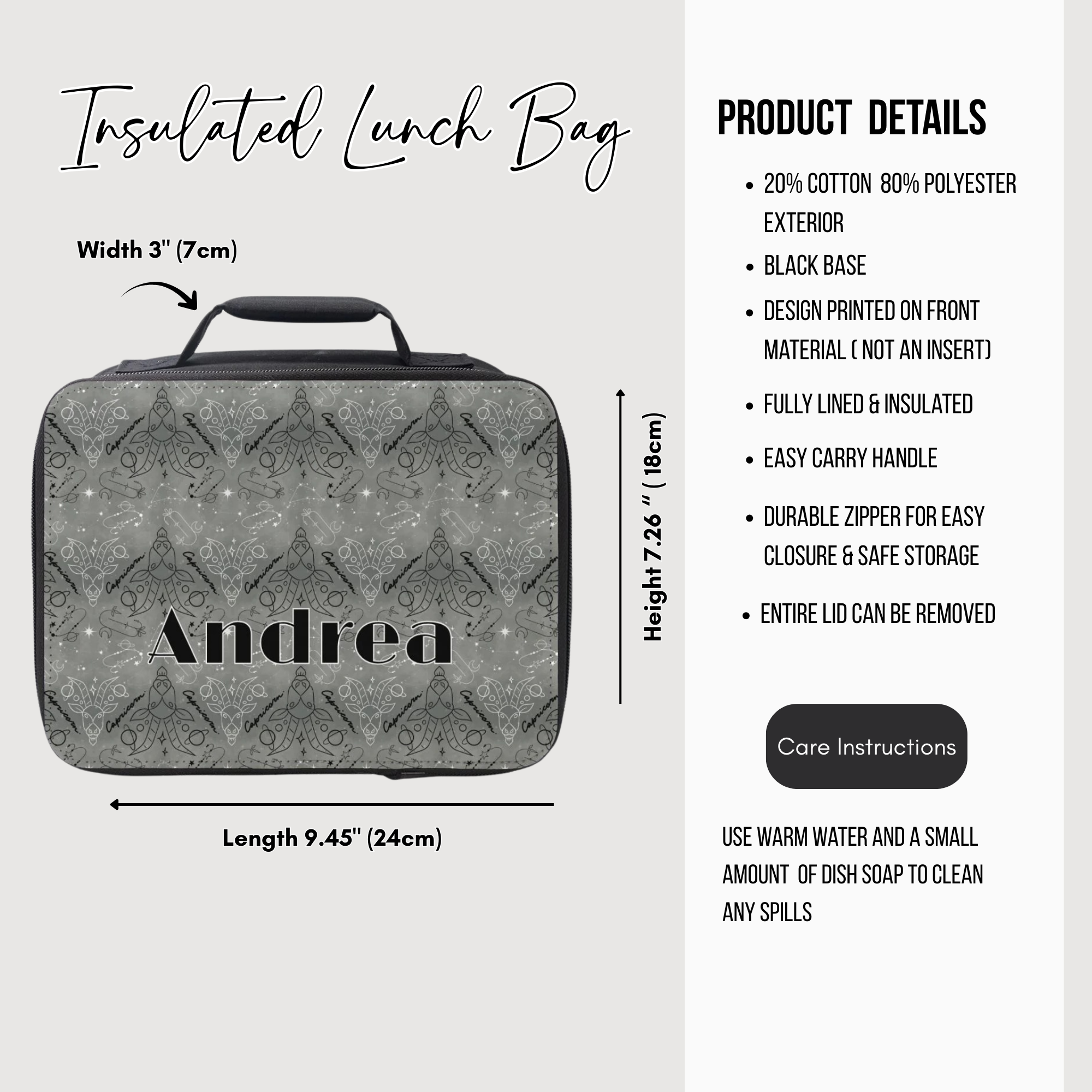 Insulated lunch bag with gray Capricorn pattern and 'Andrea' custom text, featuring product details on a white background.