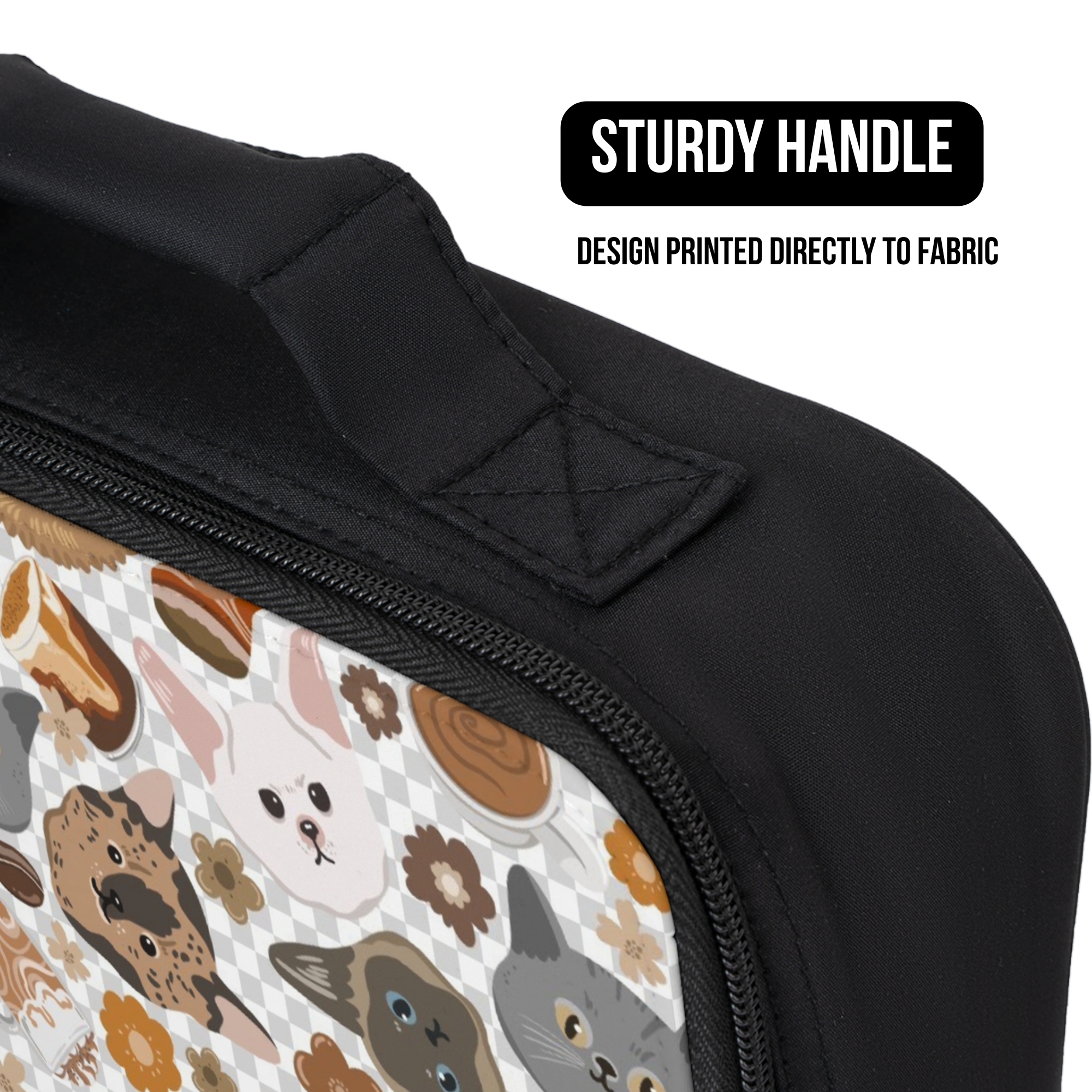 Black lunch bag with cat pattern and sturdy handle design on fabric