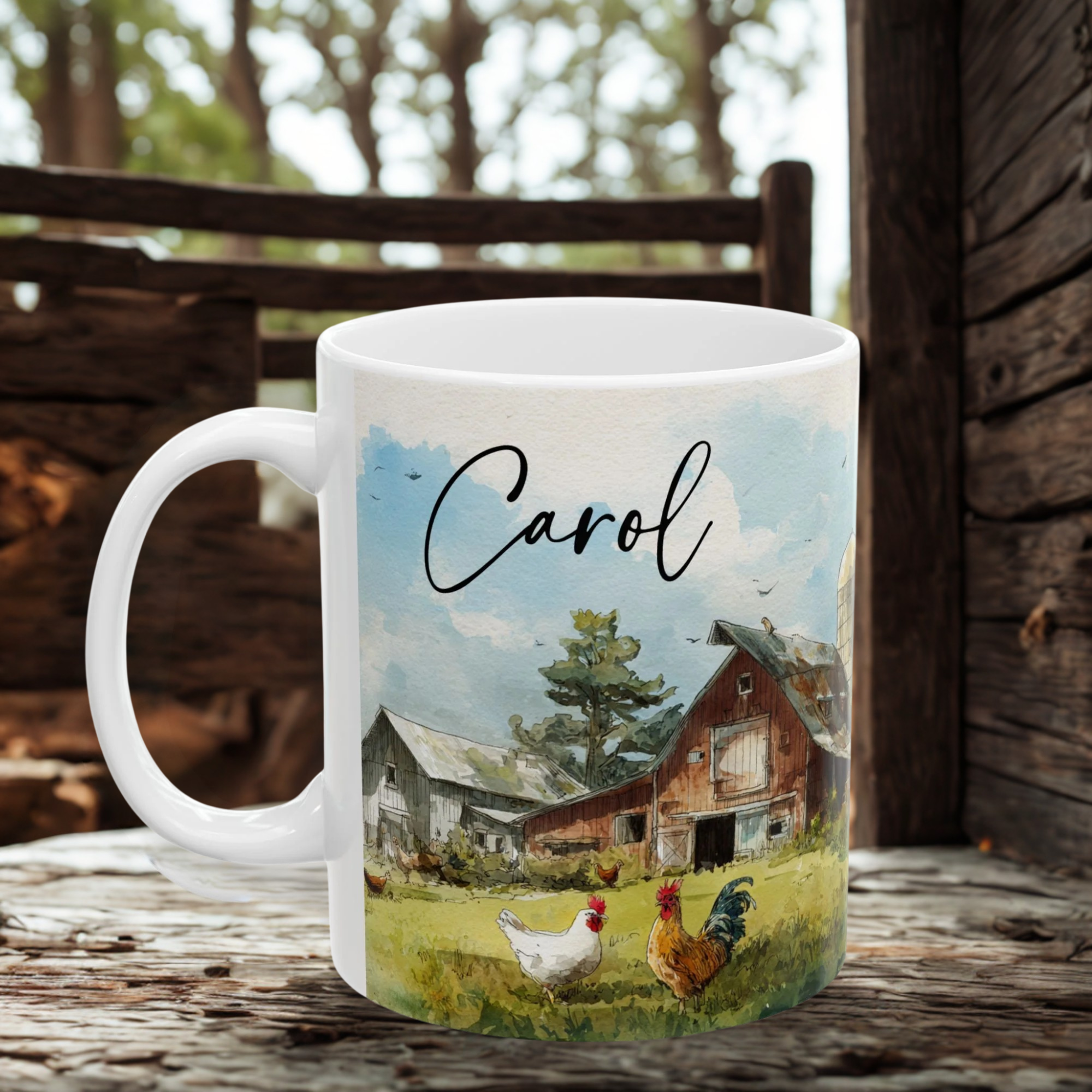 Mug with a farm scene and 'Carol' printed on it, placed on a wooden surface.