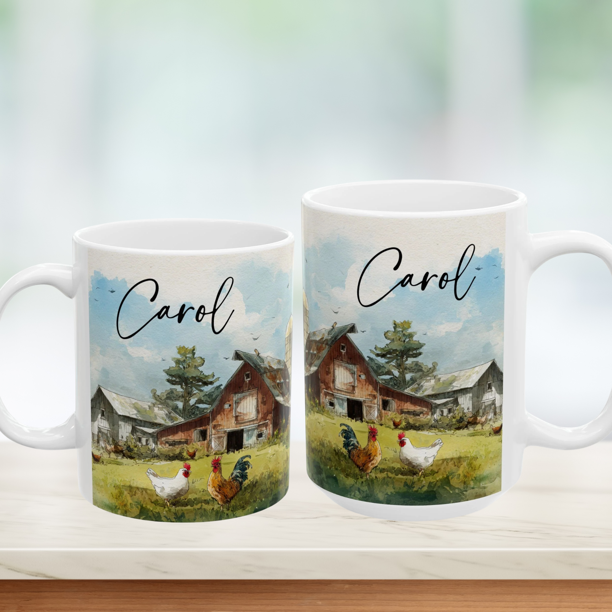 Two mugs with a farm scene and 'Carol' printed on them, featuring barns and chickens.