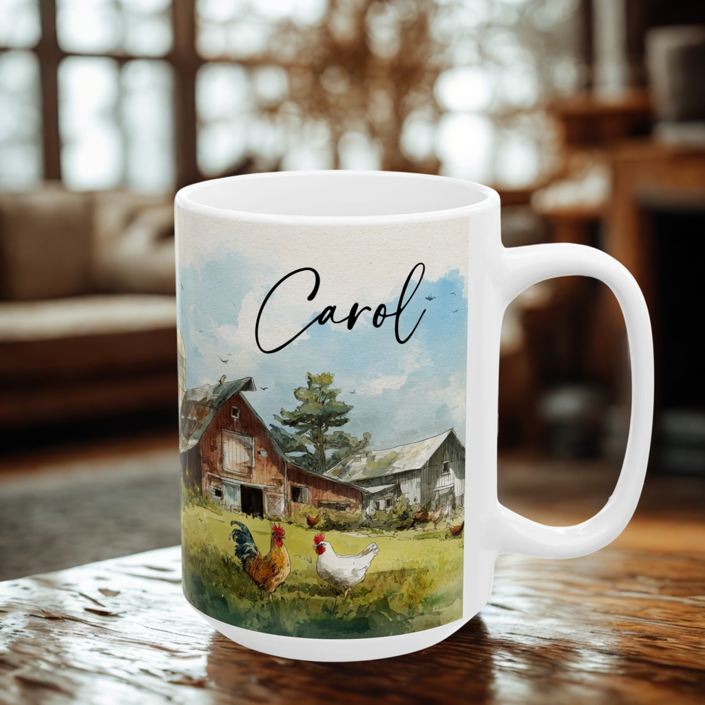 White mug with a farm scene and 'Carol' text, placed on a wooden surface.