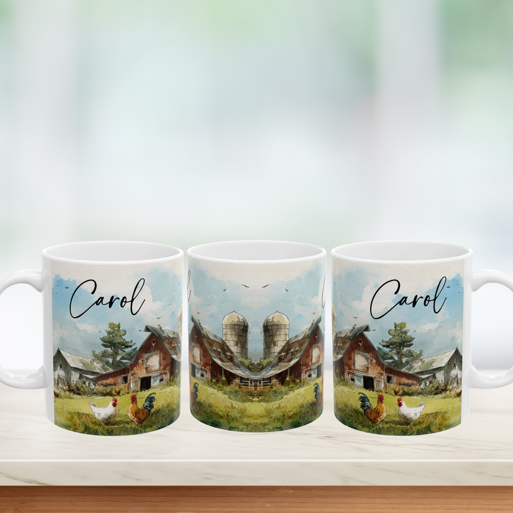 Three mugs with a scenic design of barns and chickens, featuring the name 'Carol'.
