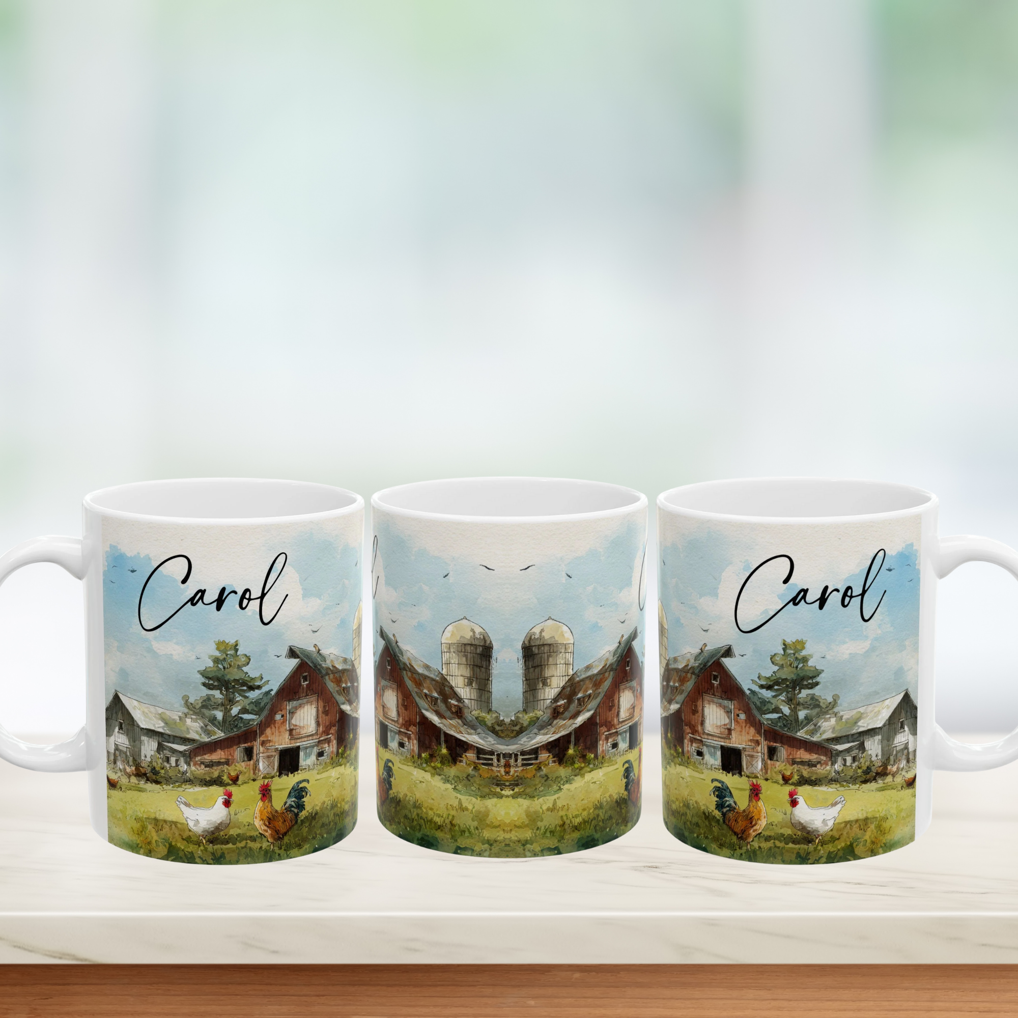 Three mugs with a scenic design of barns and chickens, featuring the name 'Carol'.