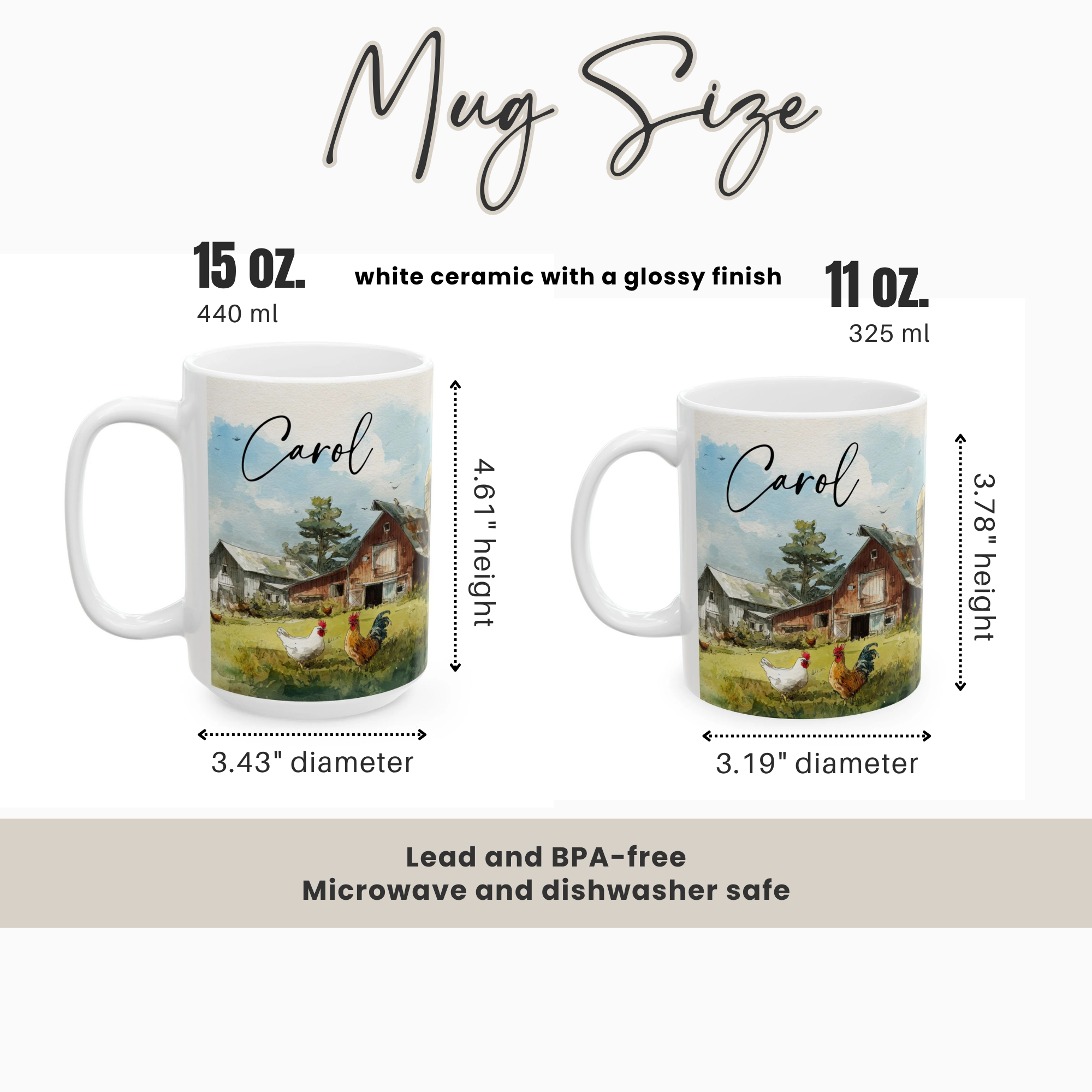Two mugs with a scenic design and text, showing measurements and product details.