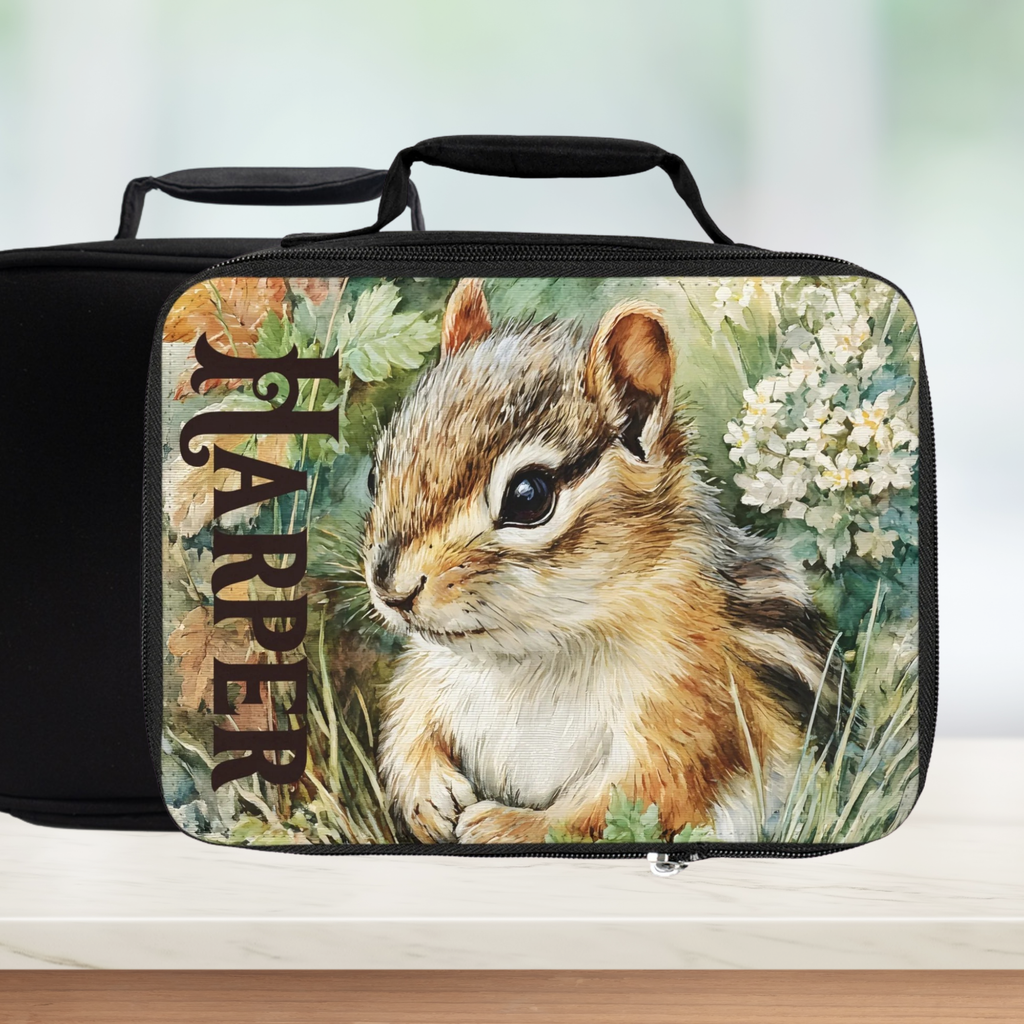 Black lunch bag with a chipmunk design and 'Harper' custom text on a white background