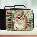 Black lunch bag with a chipmunk design and 'Harper' custom text on a white background