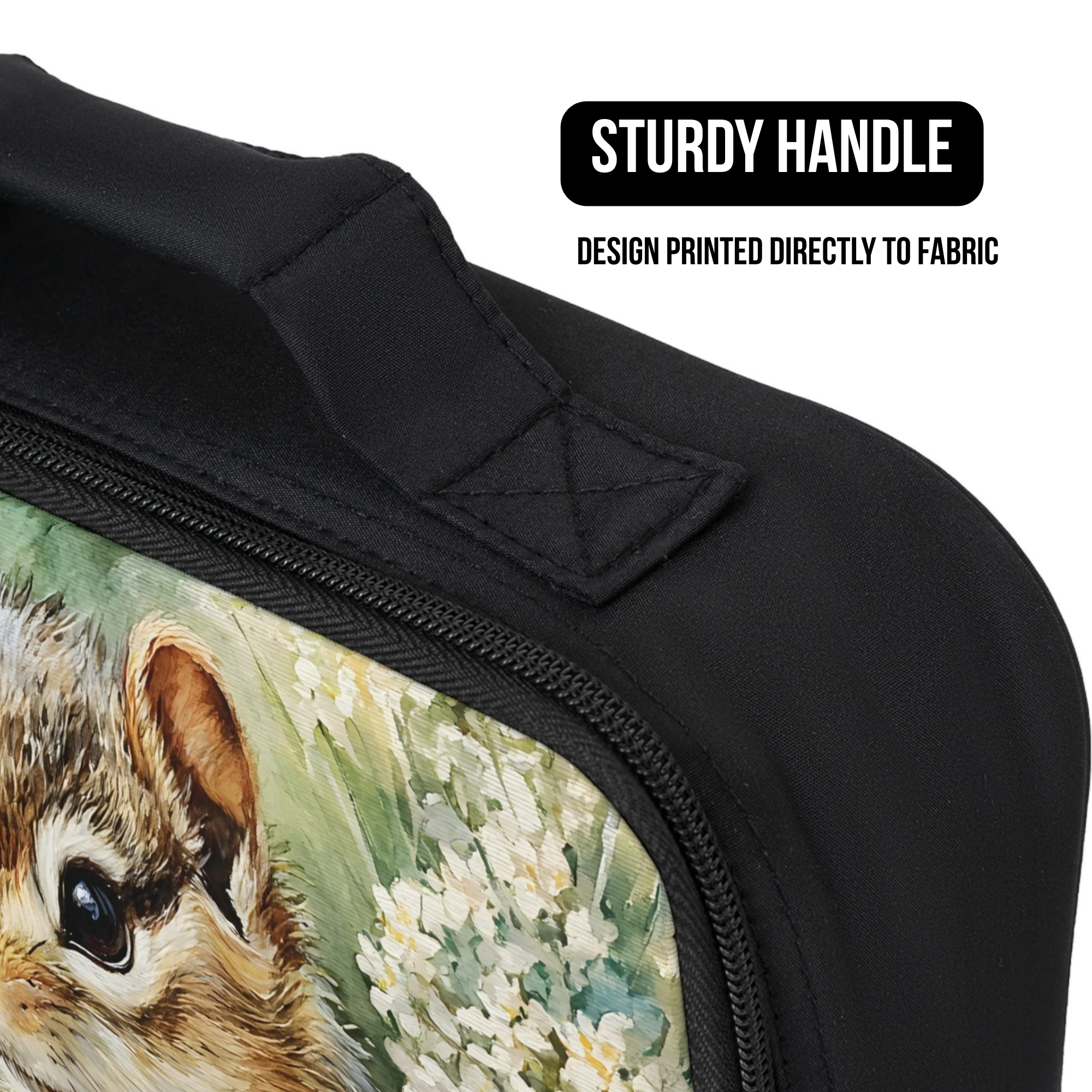 Black lunch bag with a design of a chipmunk and flowers, featuring a sturdy handle.