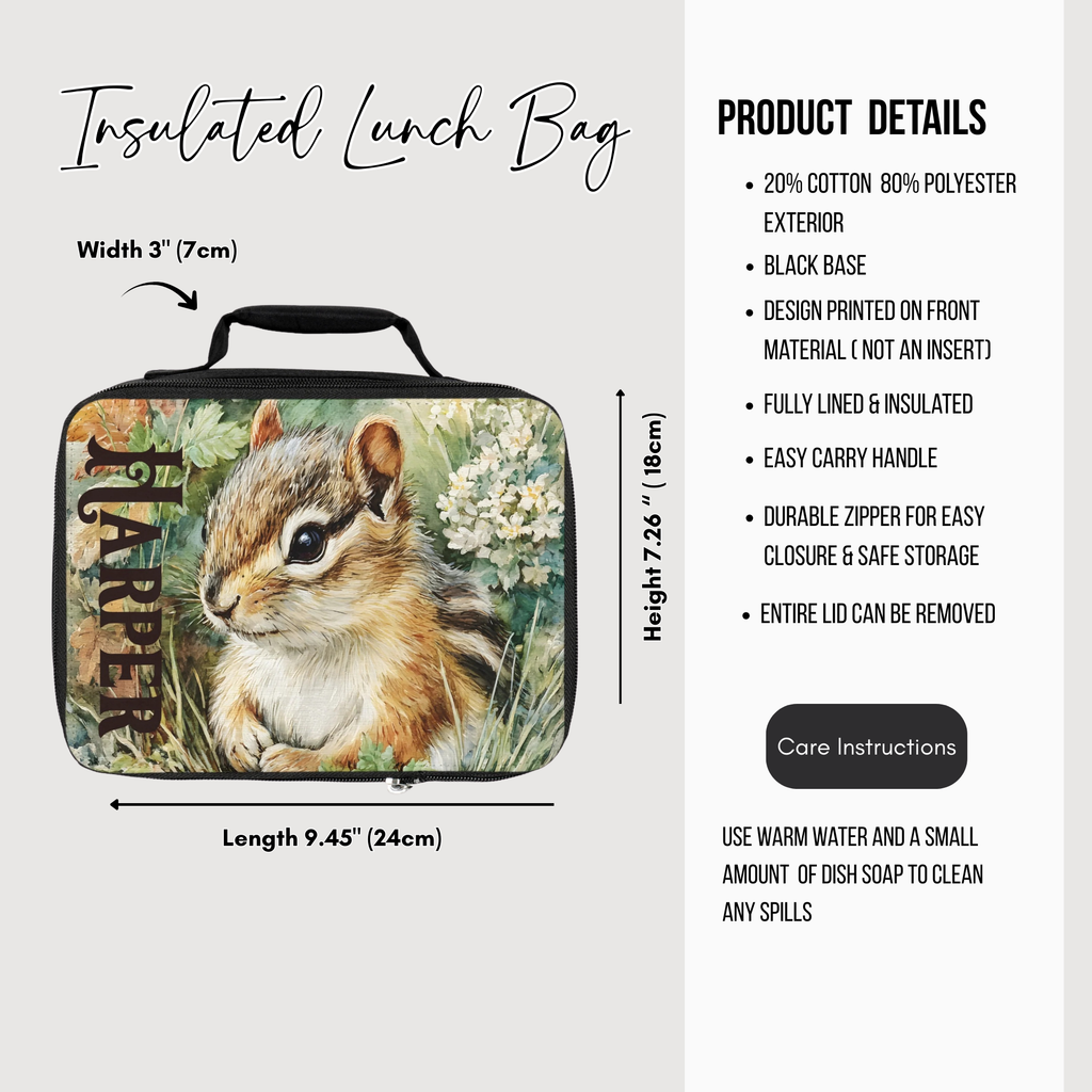 Insulated lunch bag with a personalized chipmunk design and product details on a white background
