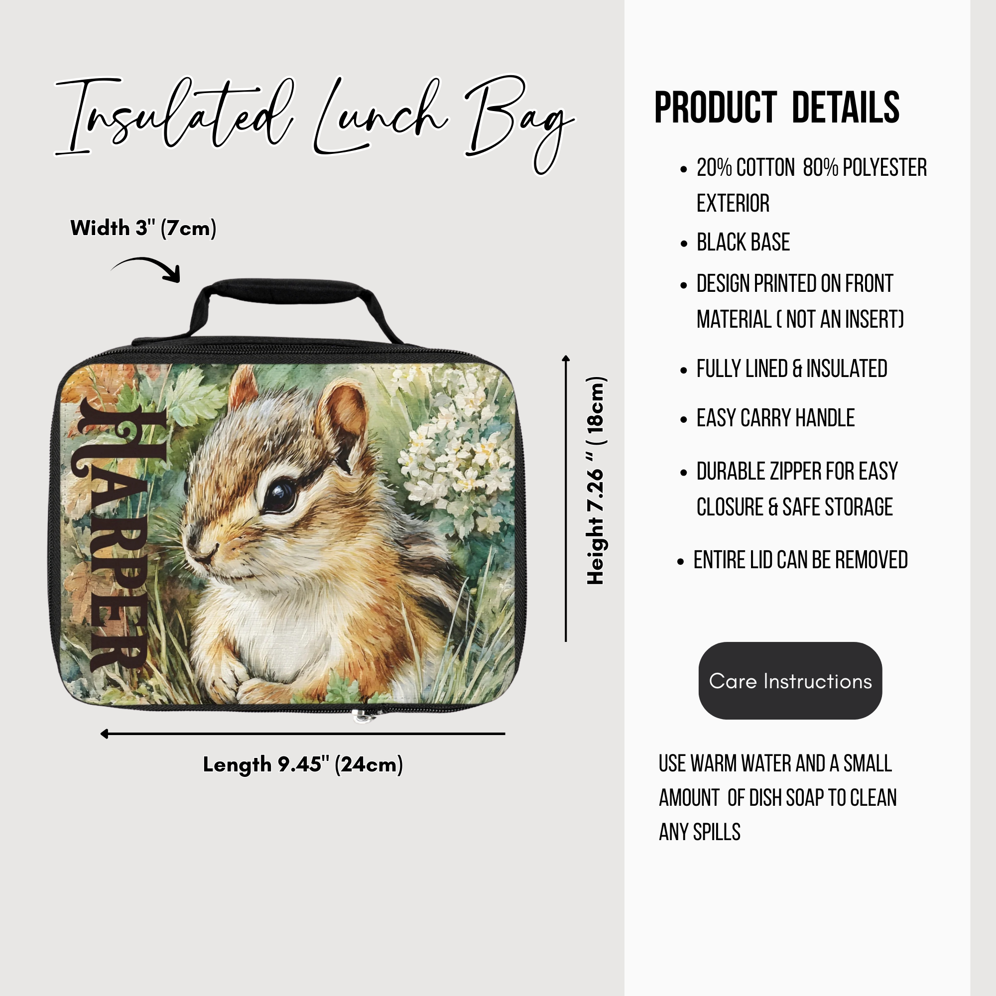 Insulated lunch bag with a personalized chipmunk design and product details on a white background