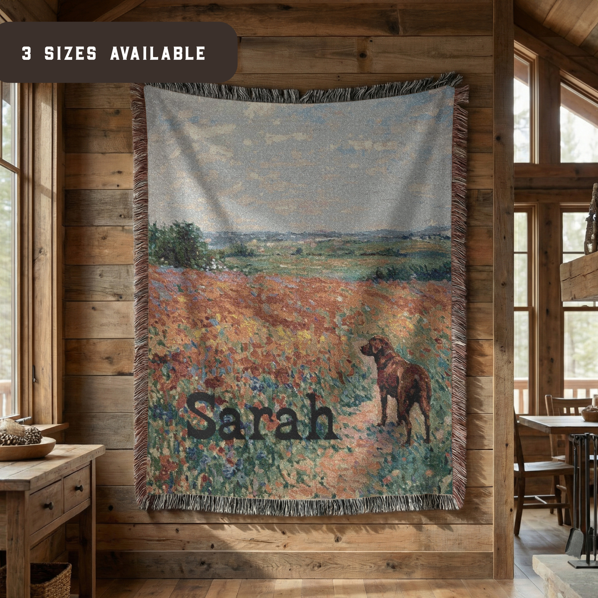 Personalized Chocolate Labrador In Wildflowers Woven Blanket | Dog Tapestry Throw