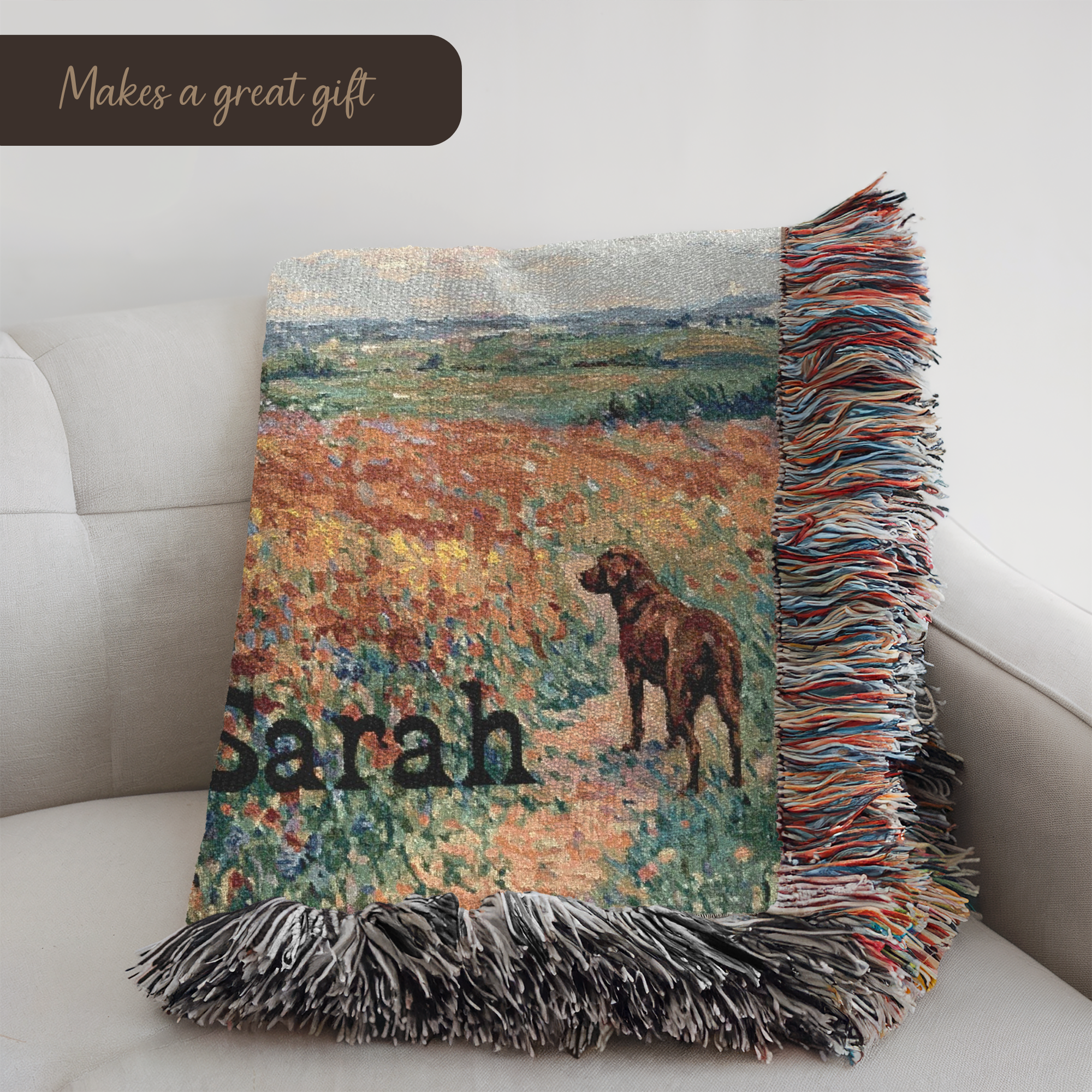 Personalized Chocolate Labrador In Wildflowers Woven Blanket | Dog Tapestry Throw