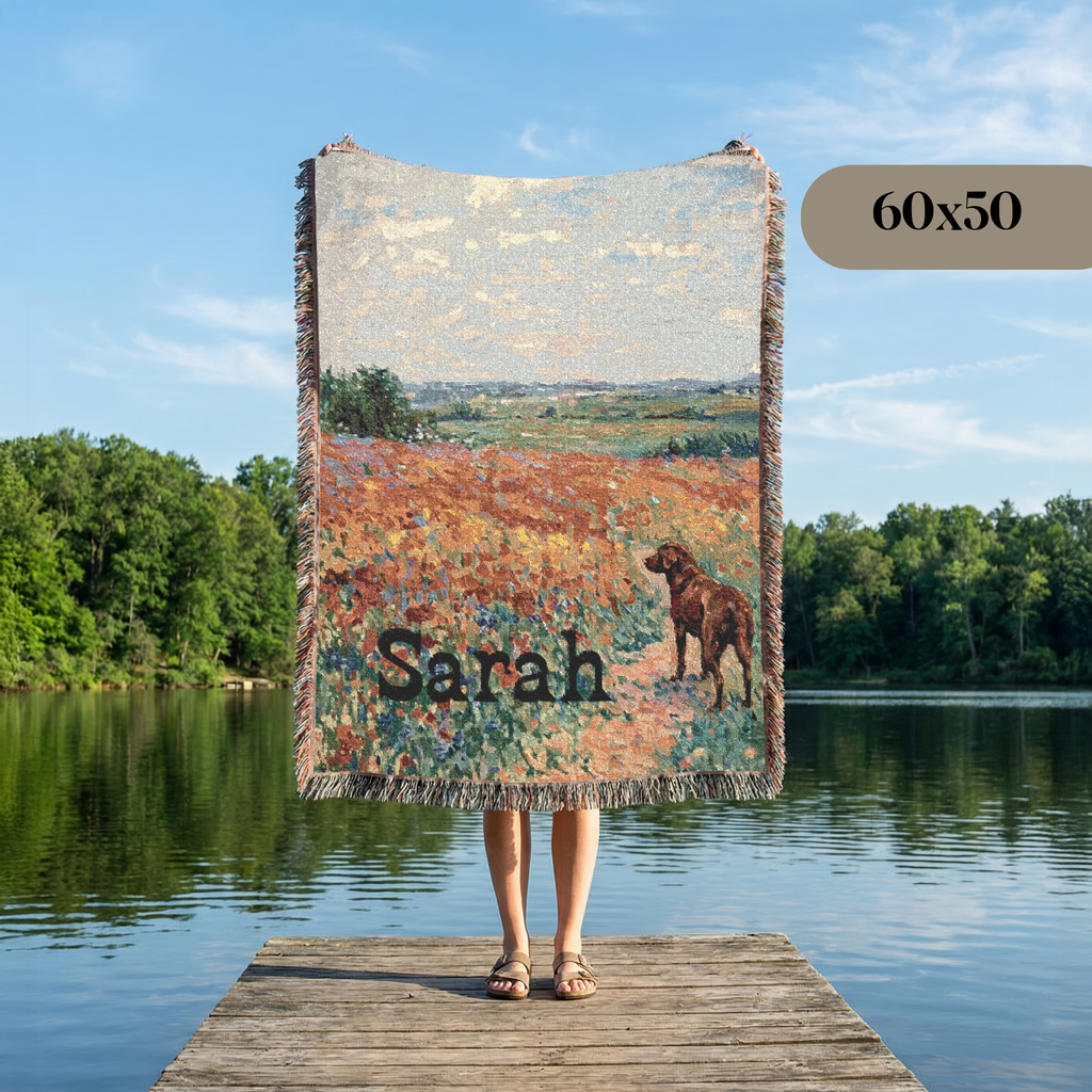 Personalized Chocolate Labrador In Wildflowers Woven Blanket | Dog Tapestry Throw
