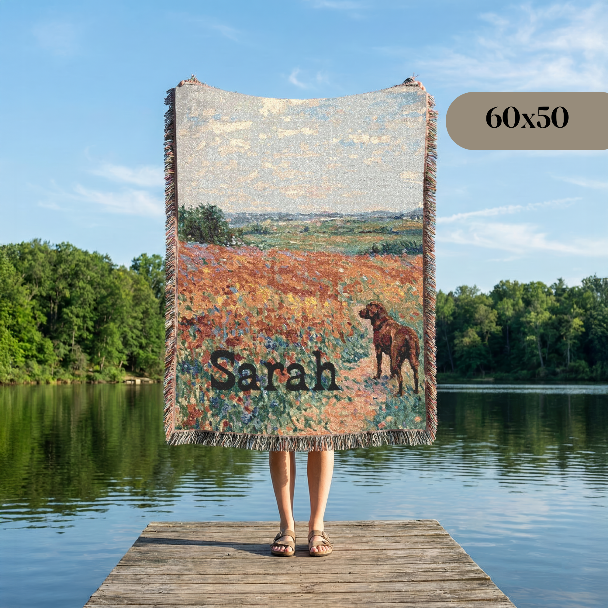 Personalized Chocolate Labrador In Wildflowers Woven Blanket | Dog Tapestry Throw