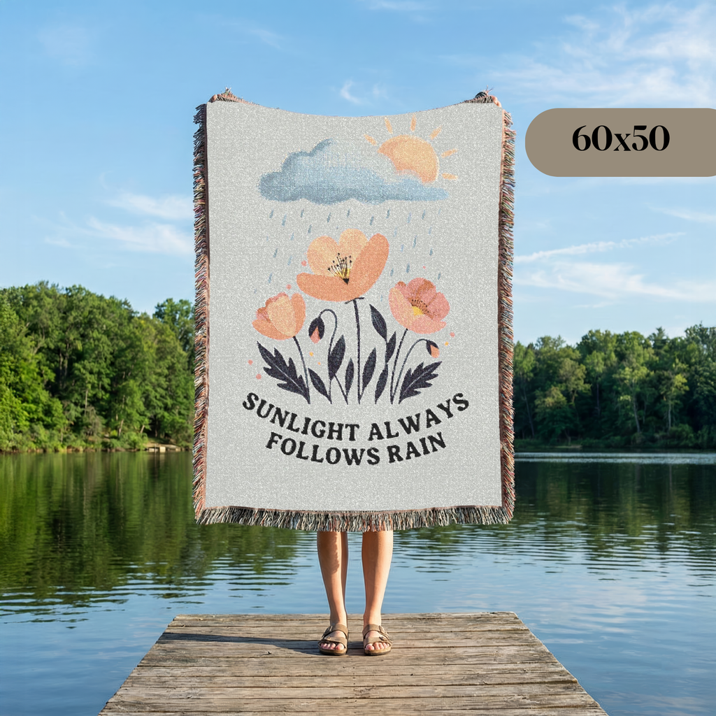 Inspirational Woven Blanket — 'Sunlight Always Follows Rain' Floral Throw Tapestry