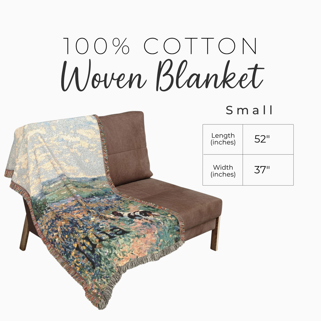 A small woven throw blanket draped over a brown armchair on a light gray background, with text reading '100% Cotton Woven Blanket' and a size box showing 52 inches by 37 inches.