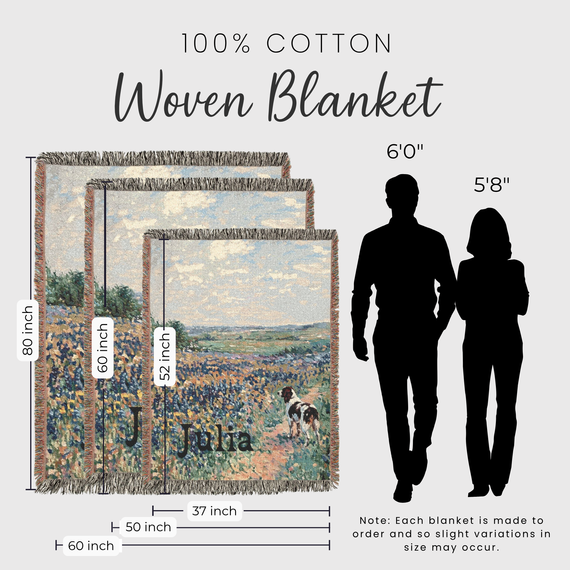 Three woven blankets with a floral landscape print are shown with size labels (80 inch, 60 inch, 52 inch) on a light gray background, alongside black silhouettes of two people labeled 6'0" and 5'8". Text at the top reads '100% COTTON Woven Blanket' and the bottom includes measurements and a note about slight size variations.