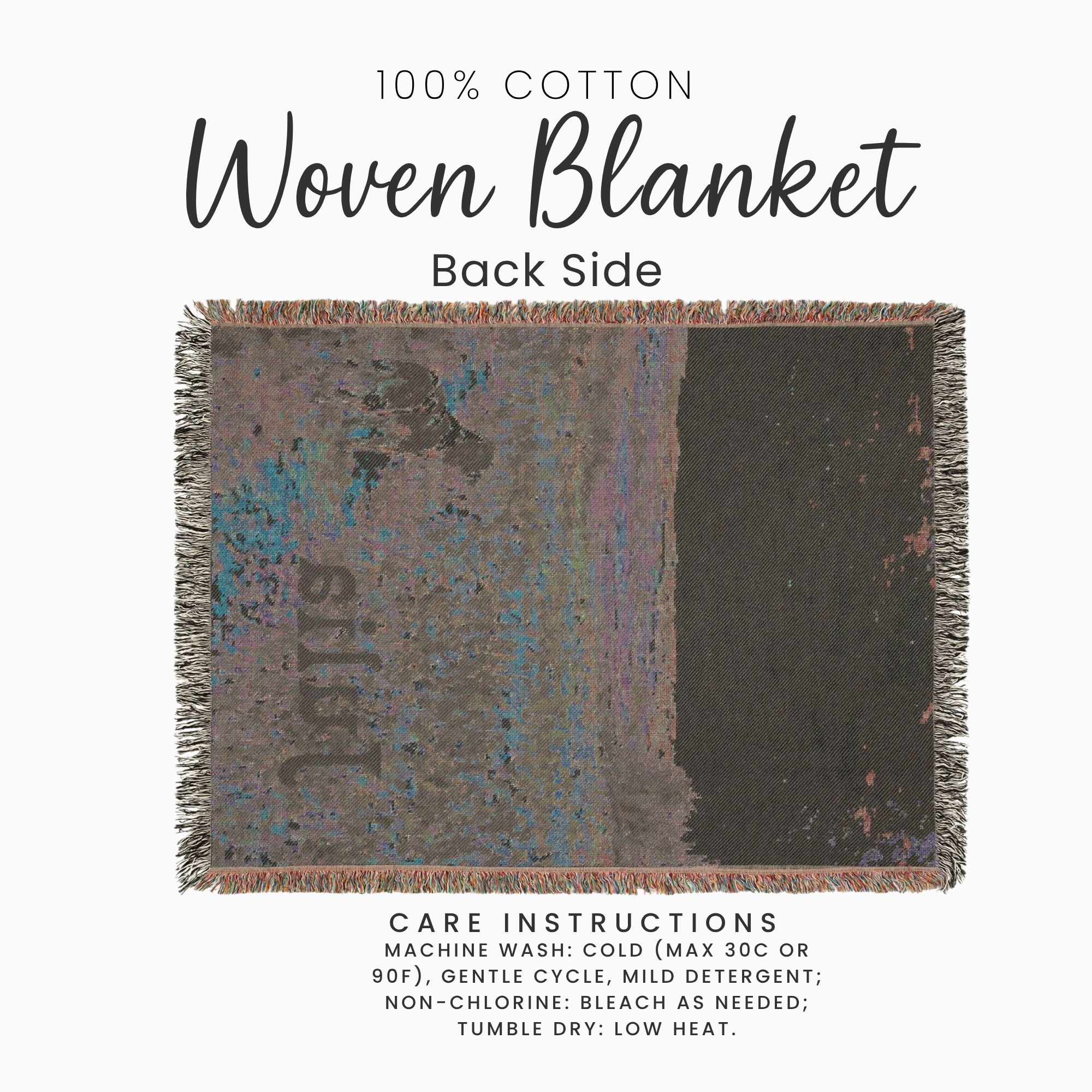A woven cotton blanket shown from the back side on a white background, with text reading '100% Cotton Woven Blanket Back Side' and care instructions below. The blanket has a split design with a distressed teal and brown left side and a dark charcoal right side, finished with fringe edges.