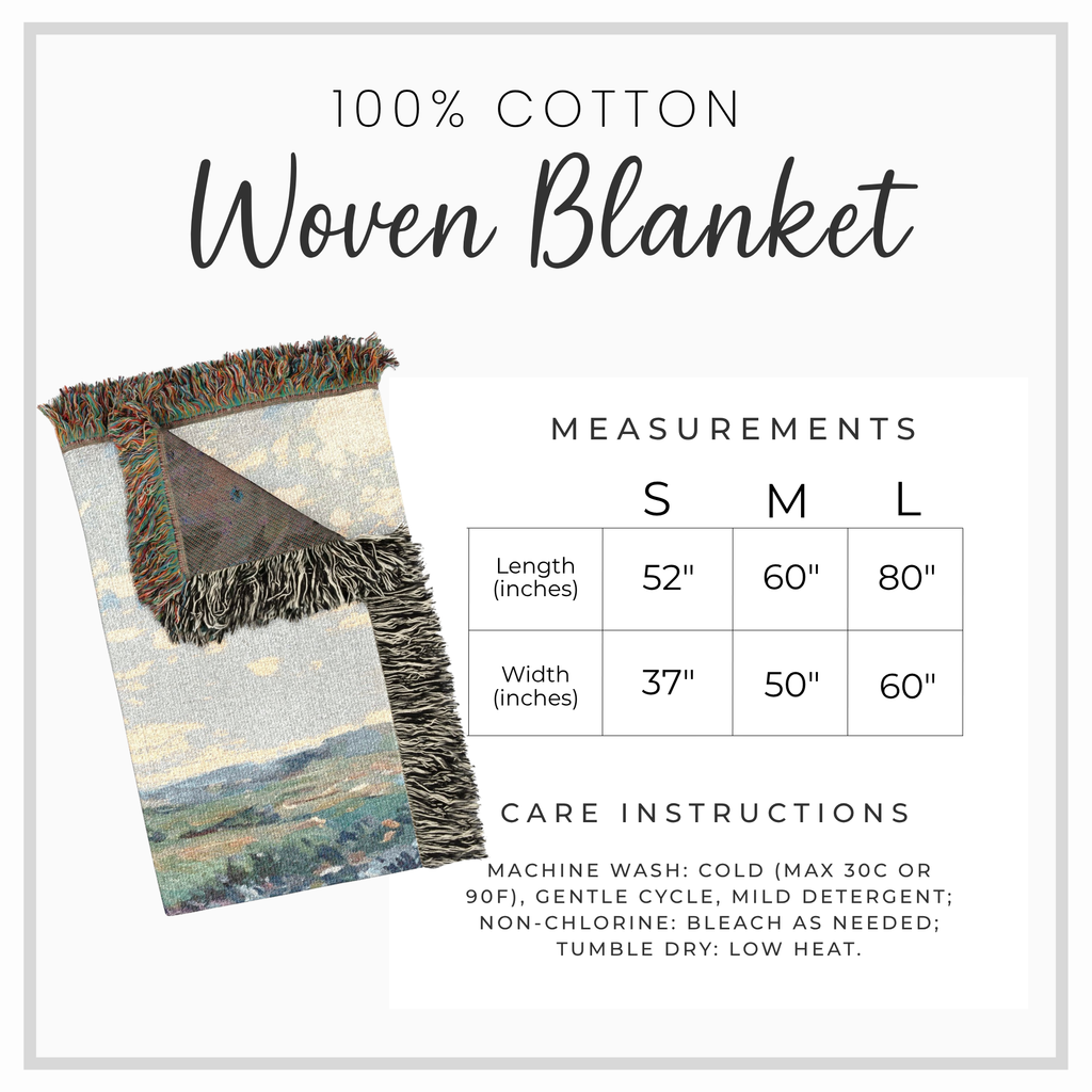 A product information graphic for a woven blanket. The left side shows a partial view of a multicolor fringed woven blanket with a landscape print.