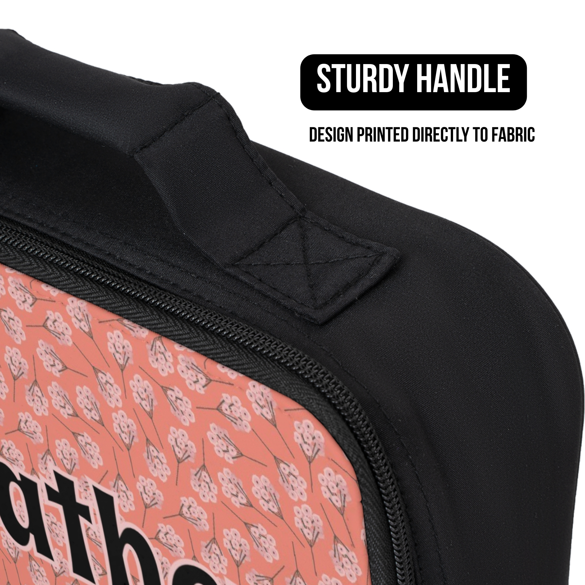 Black lunch bag with floral pattern and 'Sturdy Handle' text on a white background