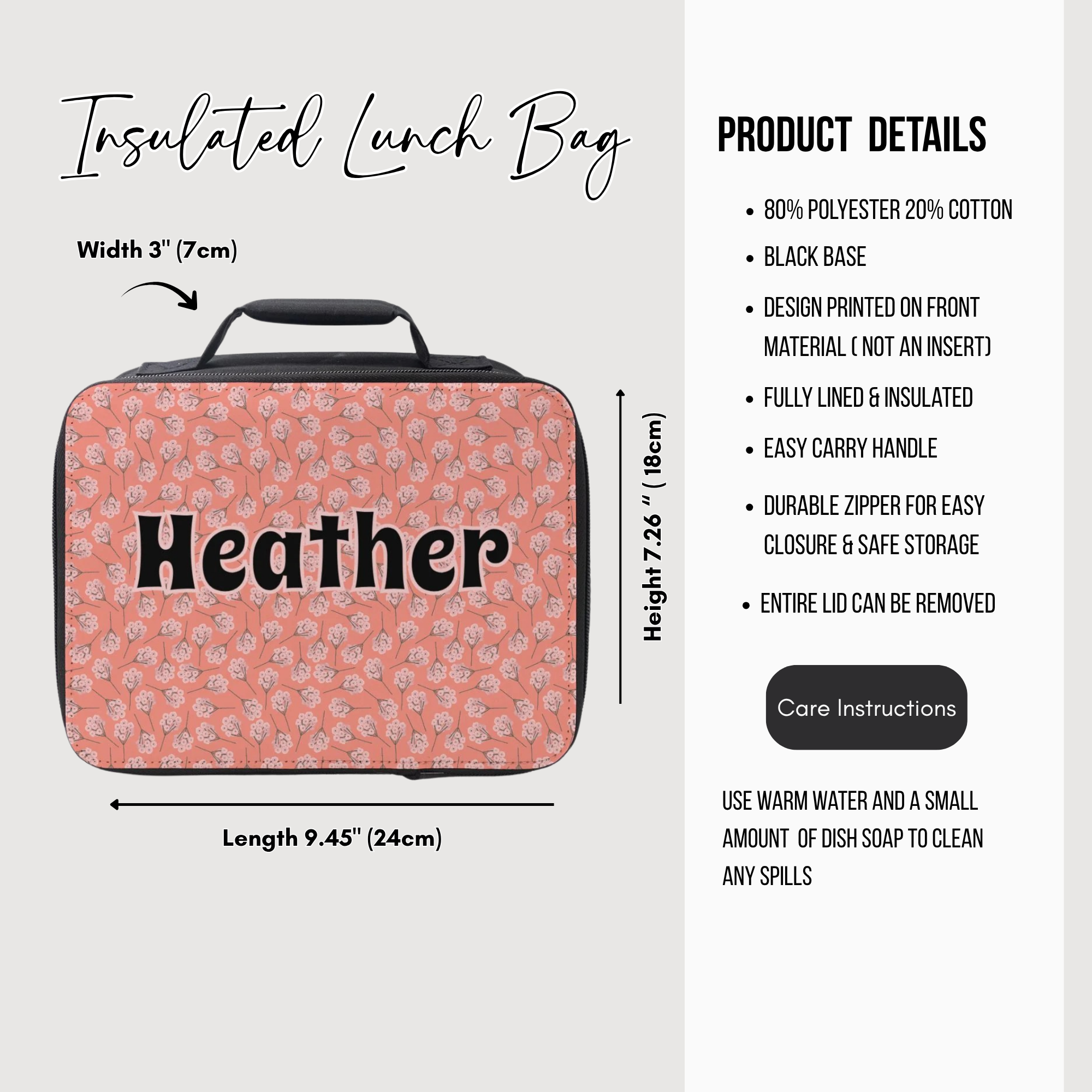 Insulated lunch bag with floral pattern and 'Heather' branding, featuring product details on a white background.