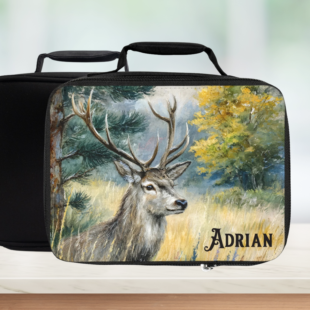 insulated lunch bag with deer design and 'Adrian' personalized text on a counter with blurred green background