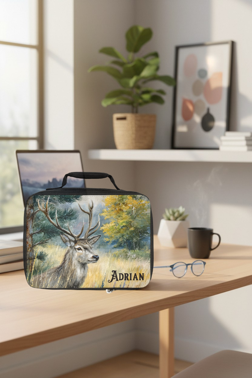 Lunch bag with deer design on a desk with a plant and coffee mug in the background
