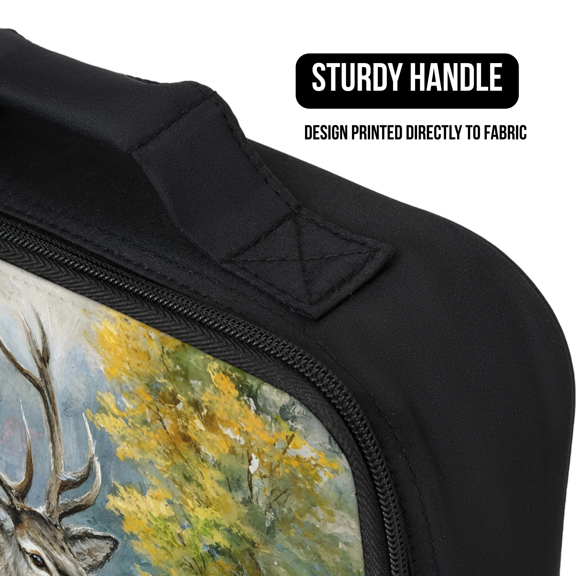 Black lunch bag with a deer design and sturdy handle feature