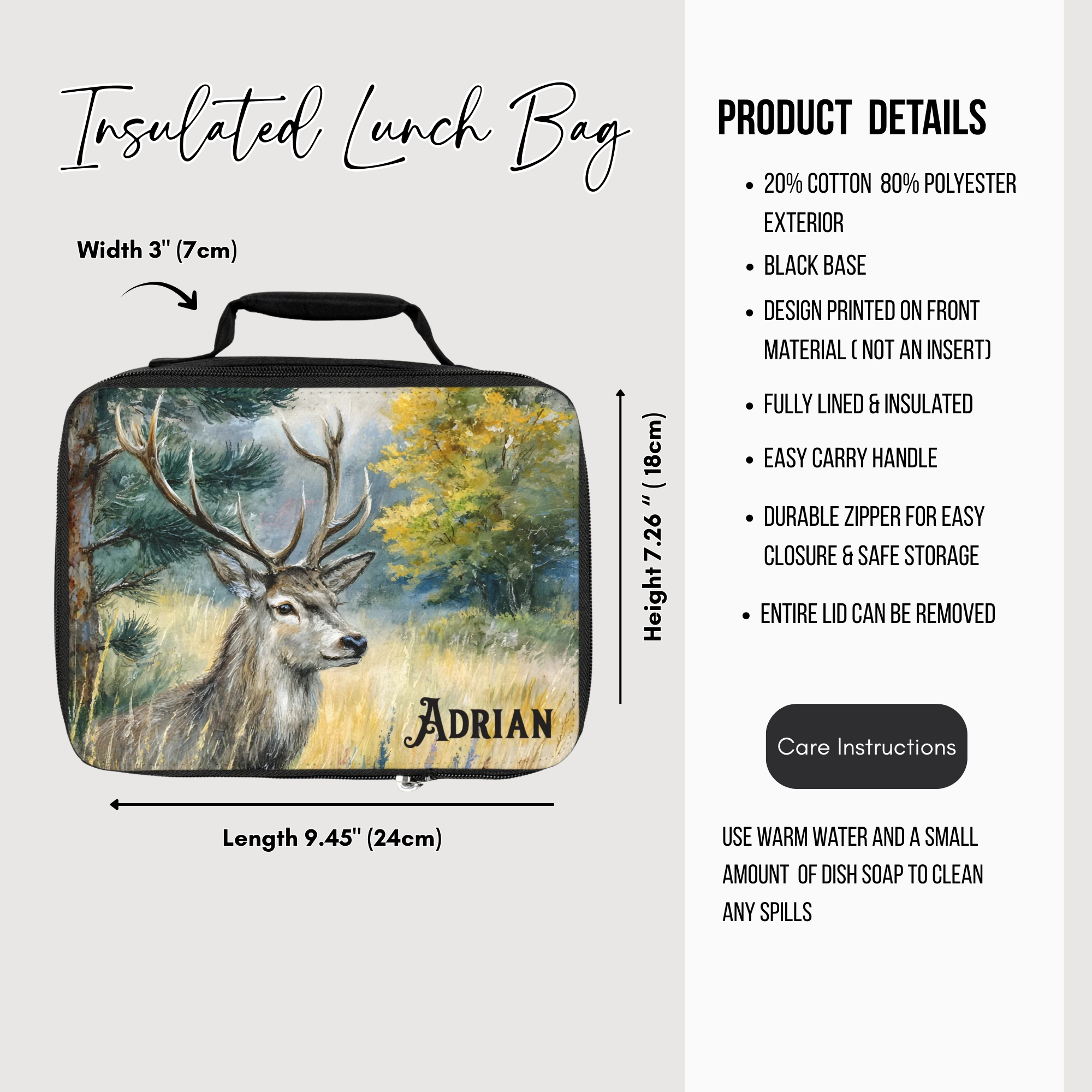 Insulated lunch bag with deer design and product details on a white background