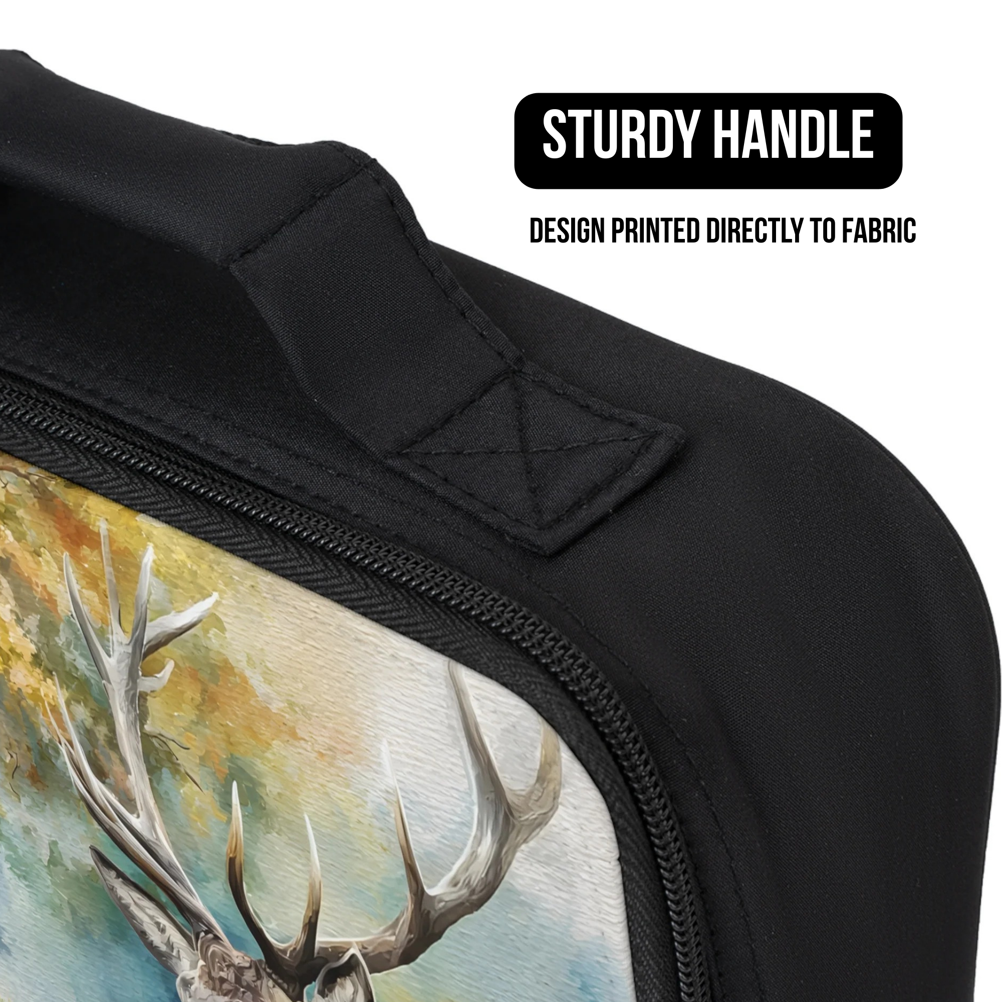 Black lunch bag with a deer design and 'Sturdy Handle' text on a white background