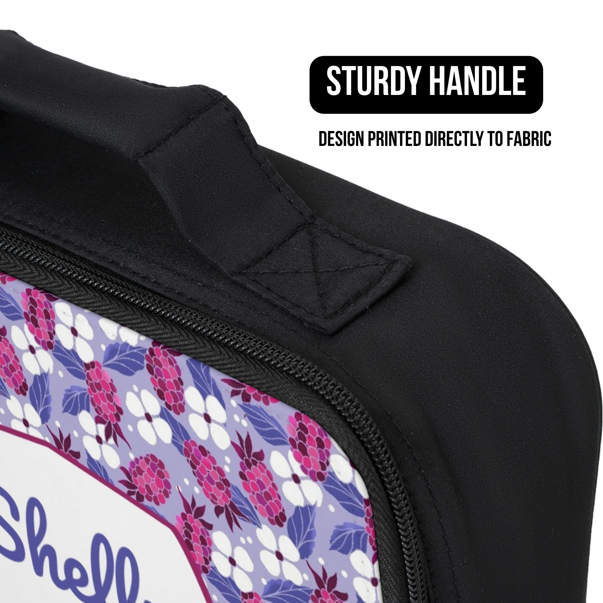 Floral-patterned bag with a sturdy handle and custom name.