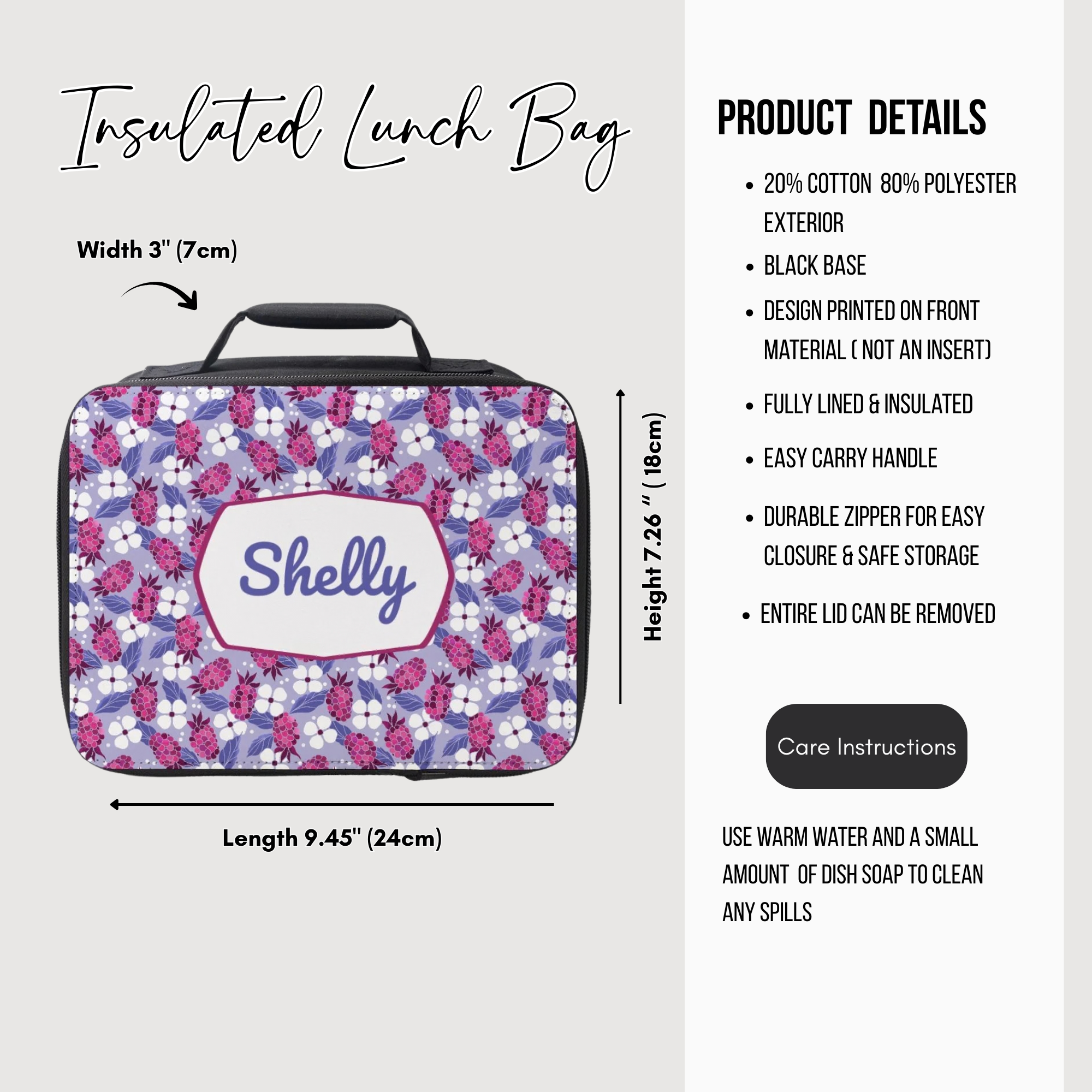 Insulated lunch bag with floral design and 'Shelly' personalized text, featuring product details on a white background.