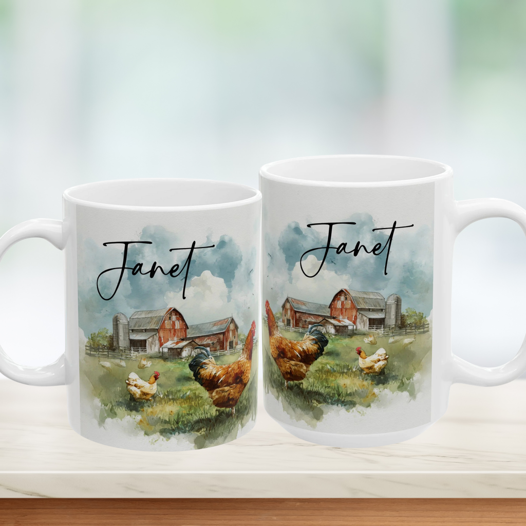 Two mugs with farm scene design and 'Janet' text on a blurred background