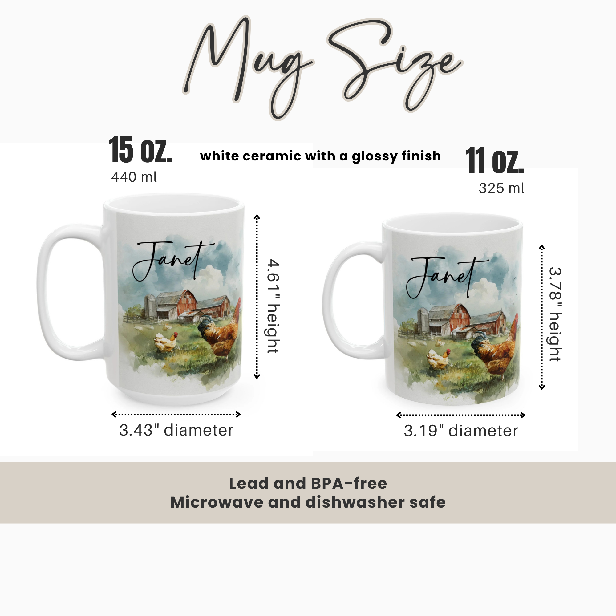 Two mugs with a farm scene design and measurements on a white background