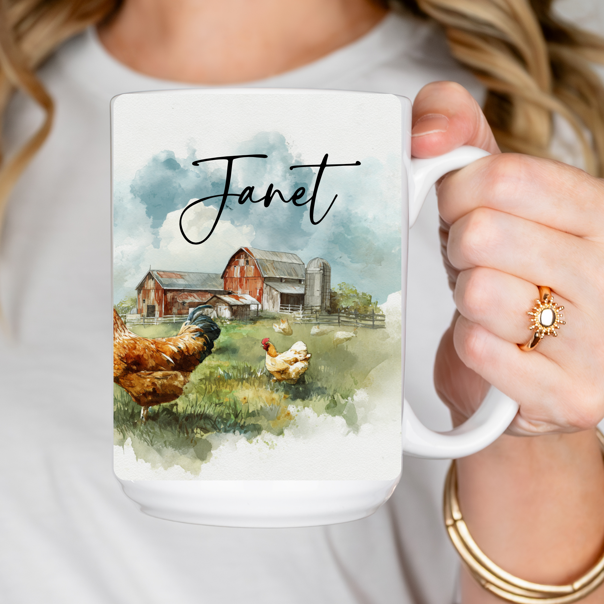 Mug with farm scene and 'Janet' text held by a person