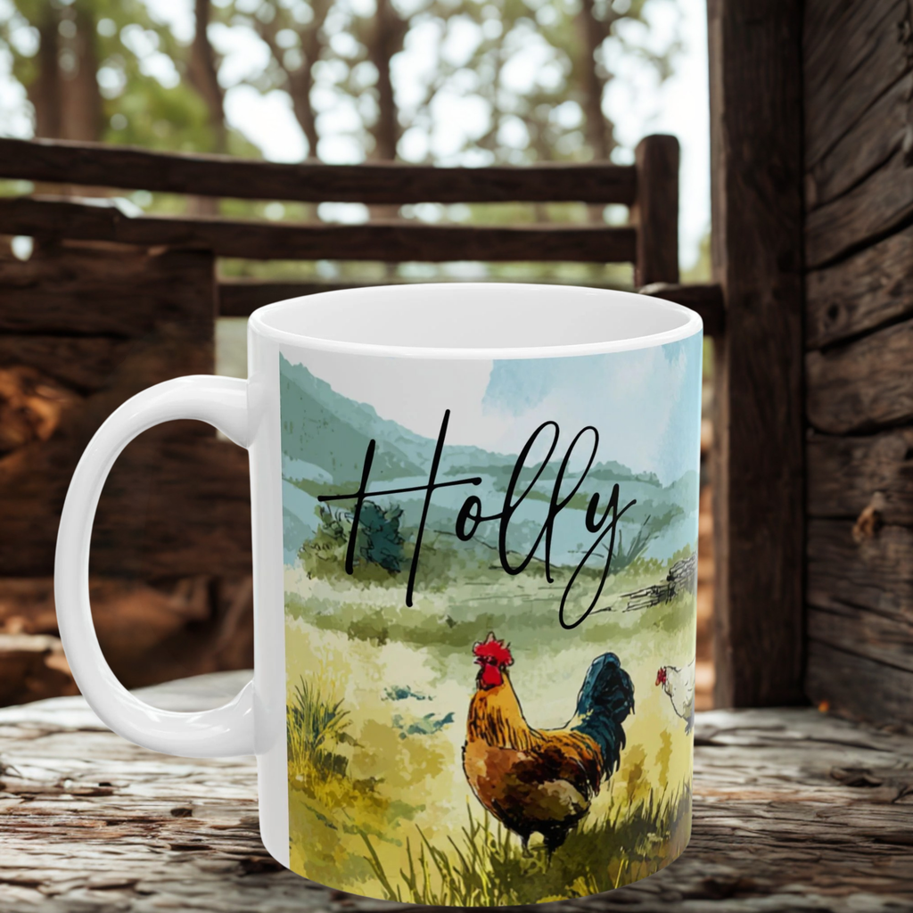 White mug with 'Holly' and chicken illustration on a wooden surface