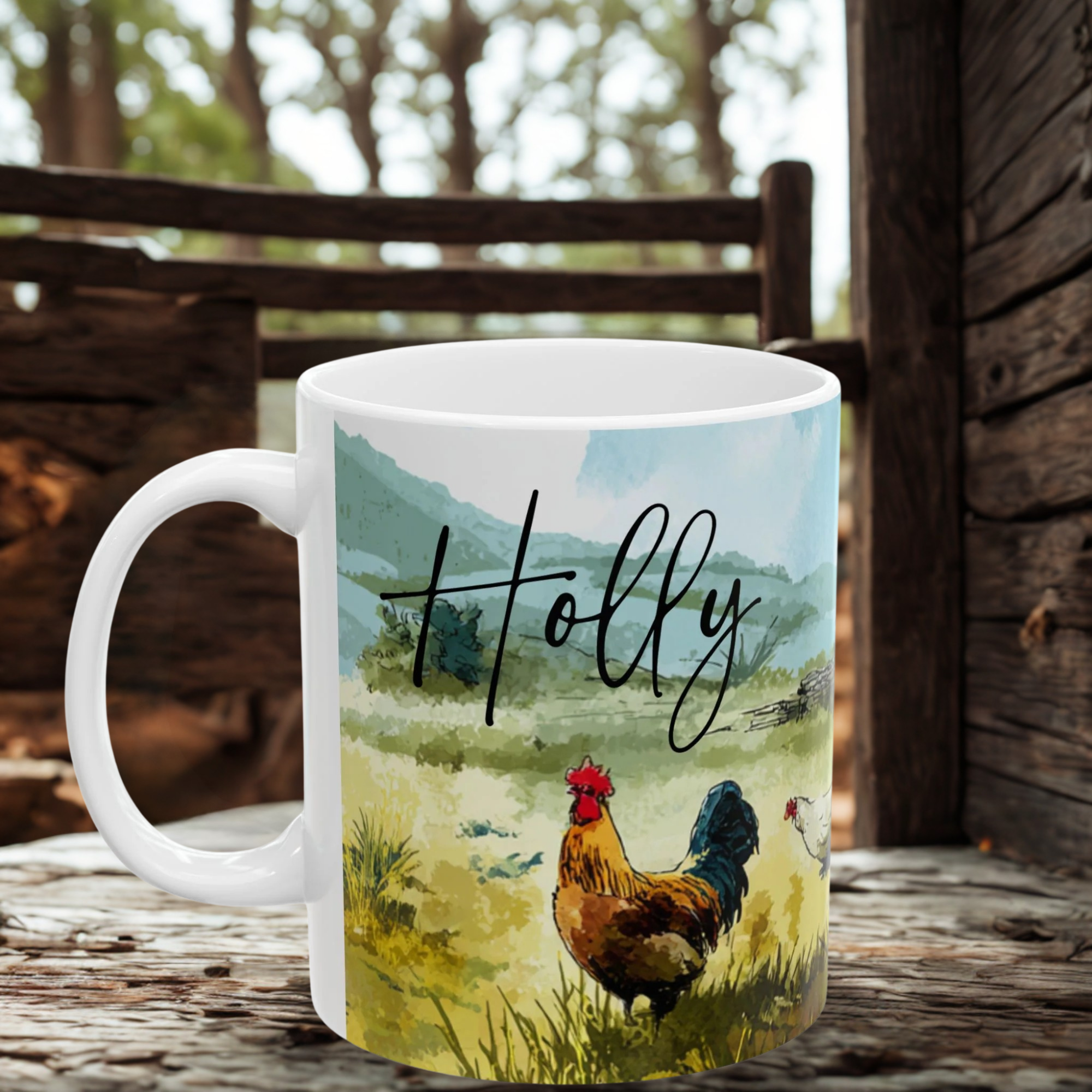 White mug with 'Holly' and chicken illustration on a wooden surface