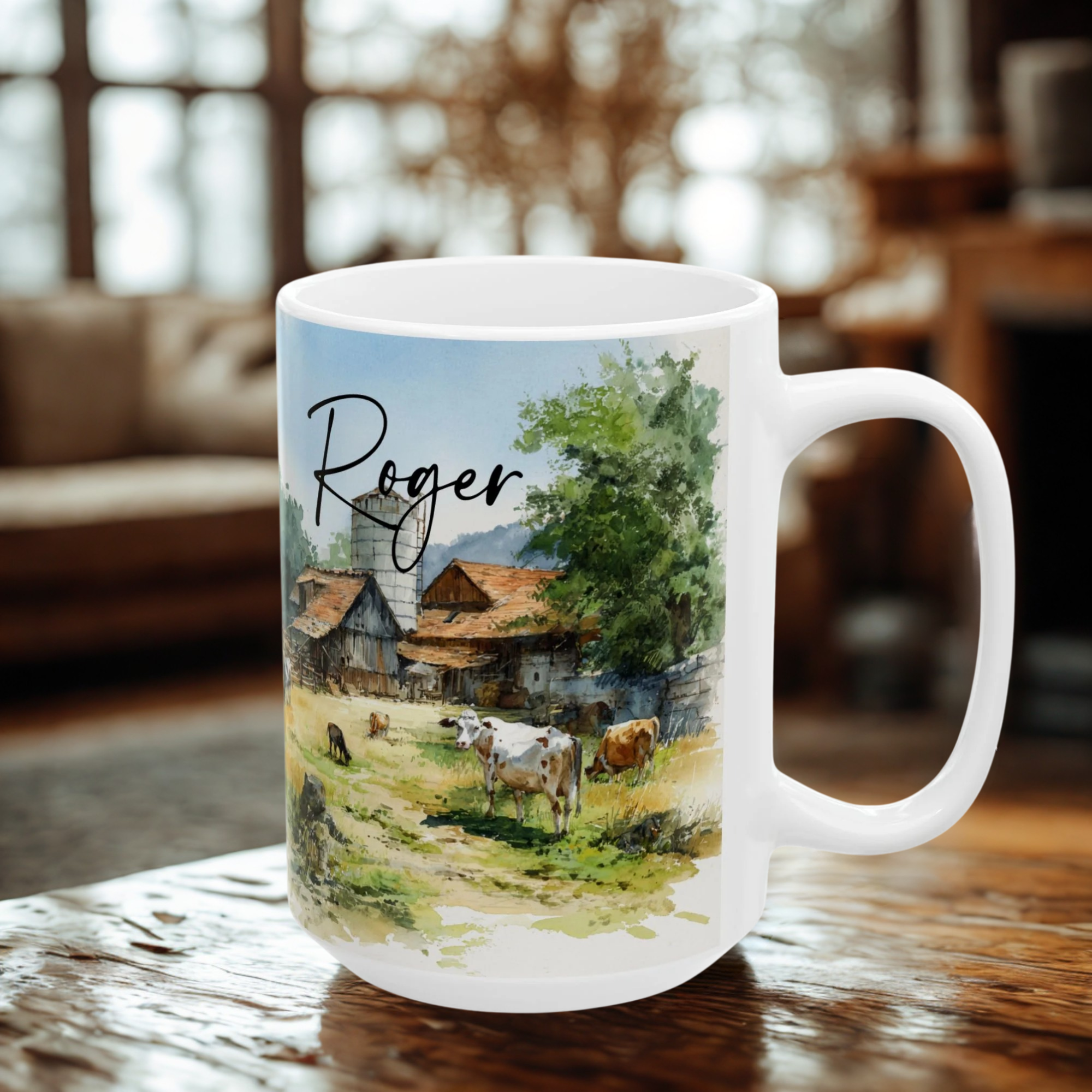 Mug with a scenic farm design and 'Roger' printed on it, placed on a wooden tacle.