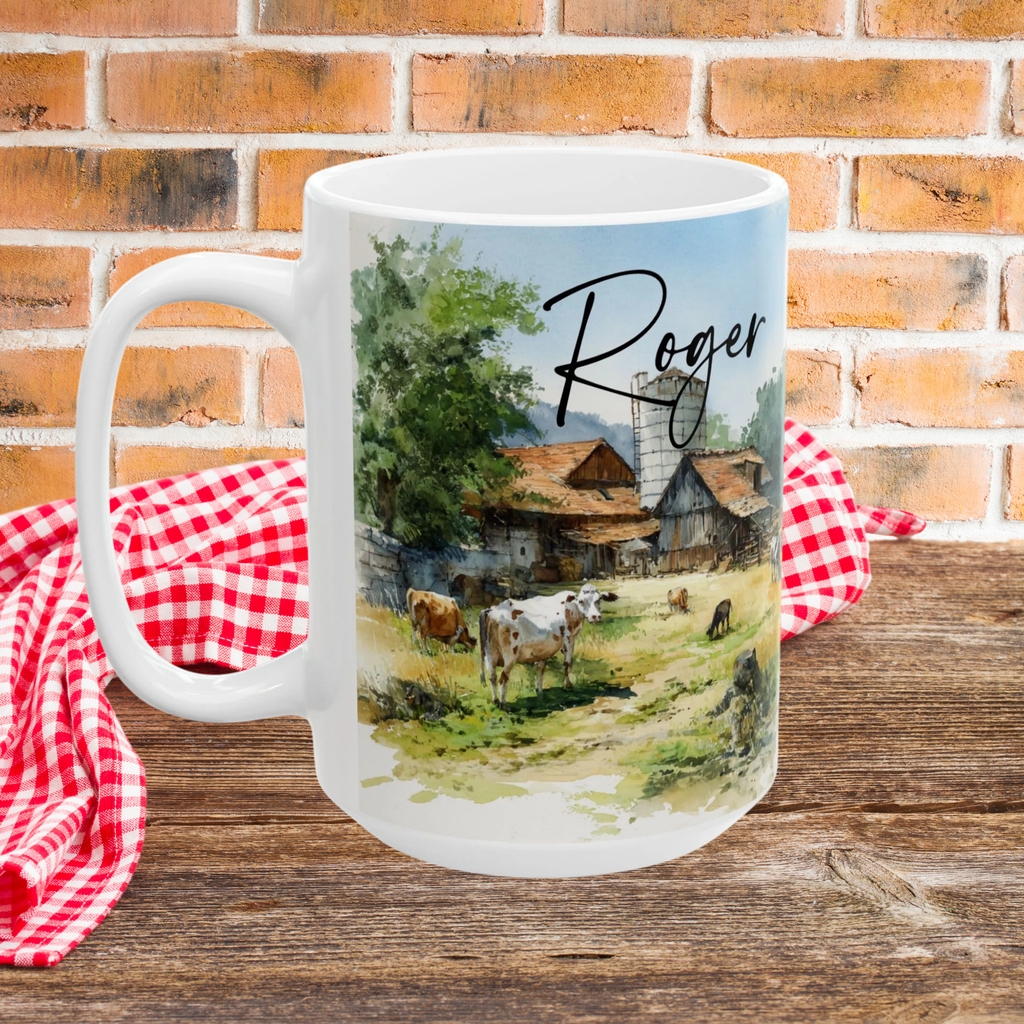 Mug with a farm scene design featuring the name 'Roger' on a picnic table against a brick wall background.