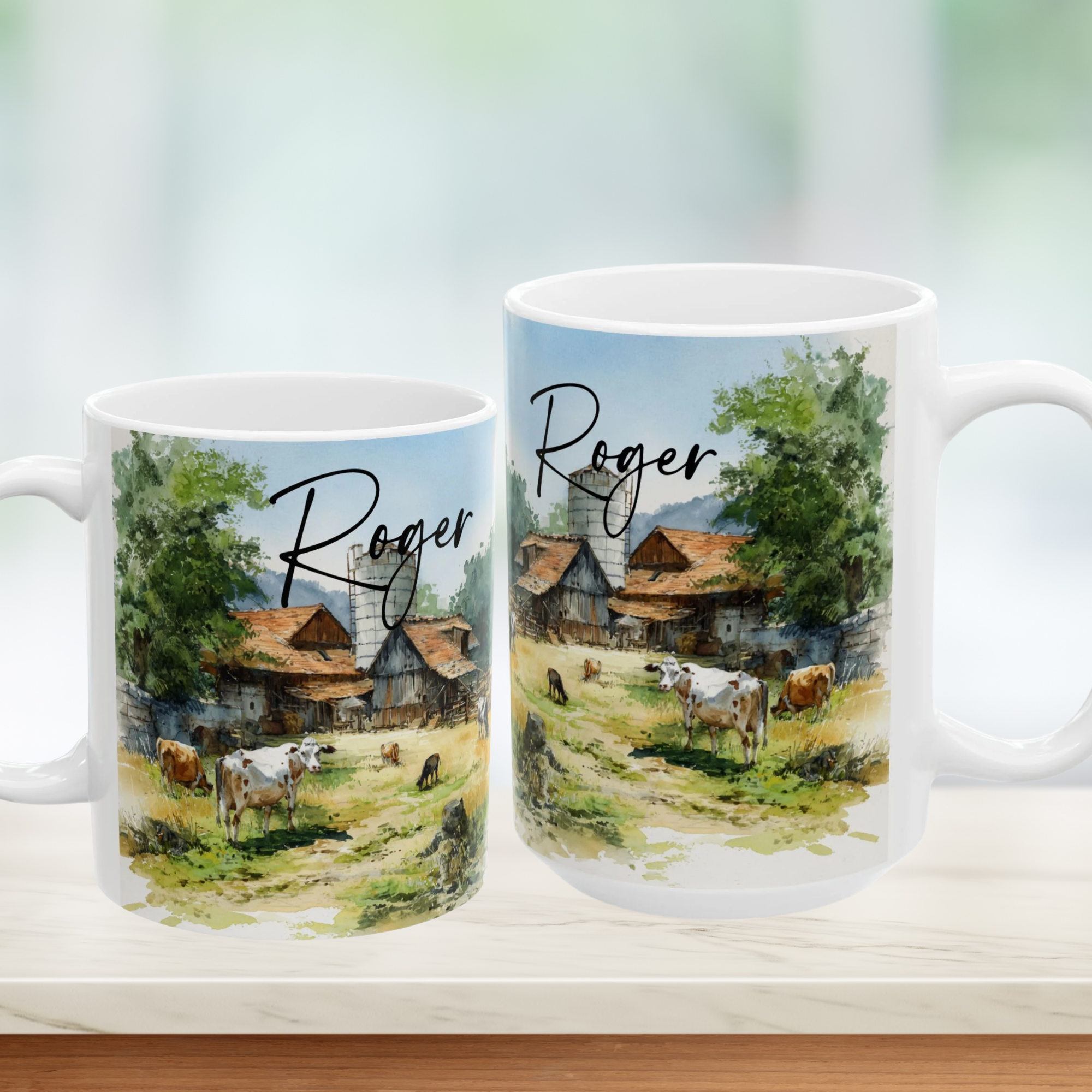 Two mugs with a scenic design of a farm and cows, featuring the name 'Roger'.