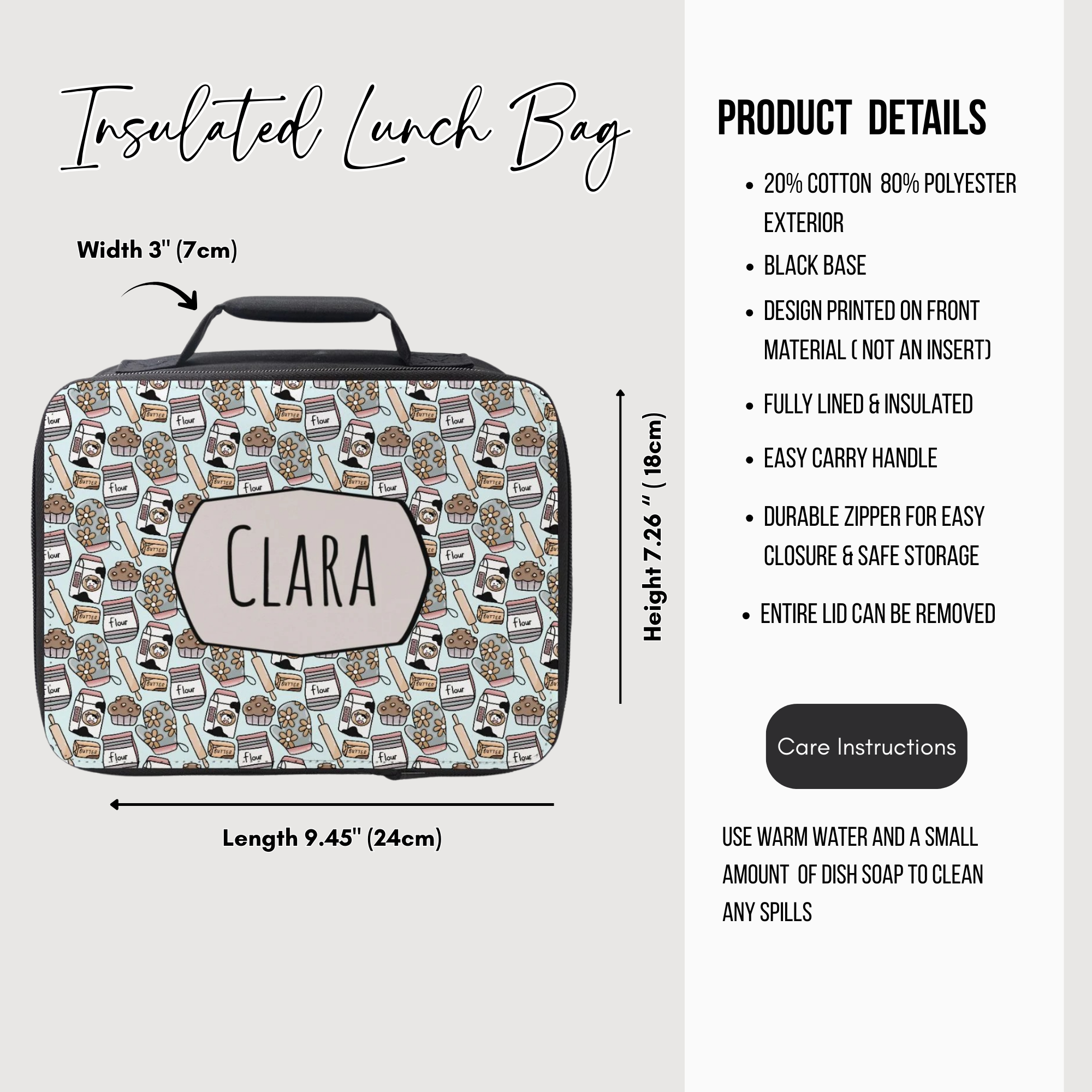 Insulated lunch bag with pattern and 'CLARA' personalized name, featuring product details on a white background.