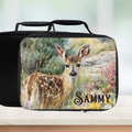 Black lunch bag with a deer illustration and 'SAMMY' text on a blurred nature background