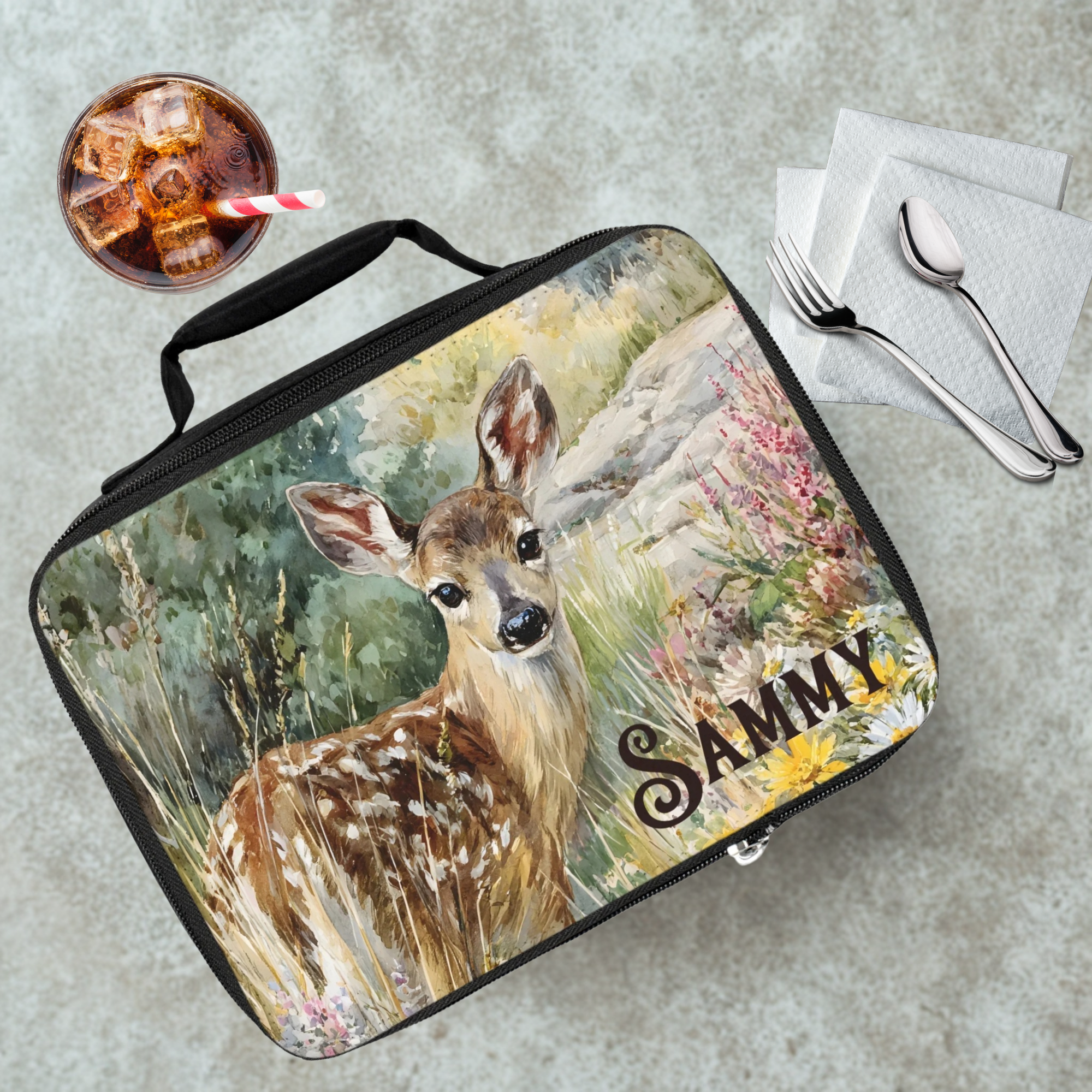 Lunch bag with a deer design and 'Sammy' personalized text on a cafeteria table with a drink and utensils.