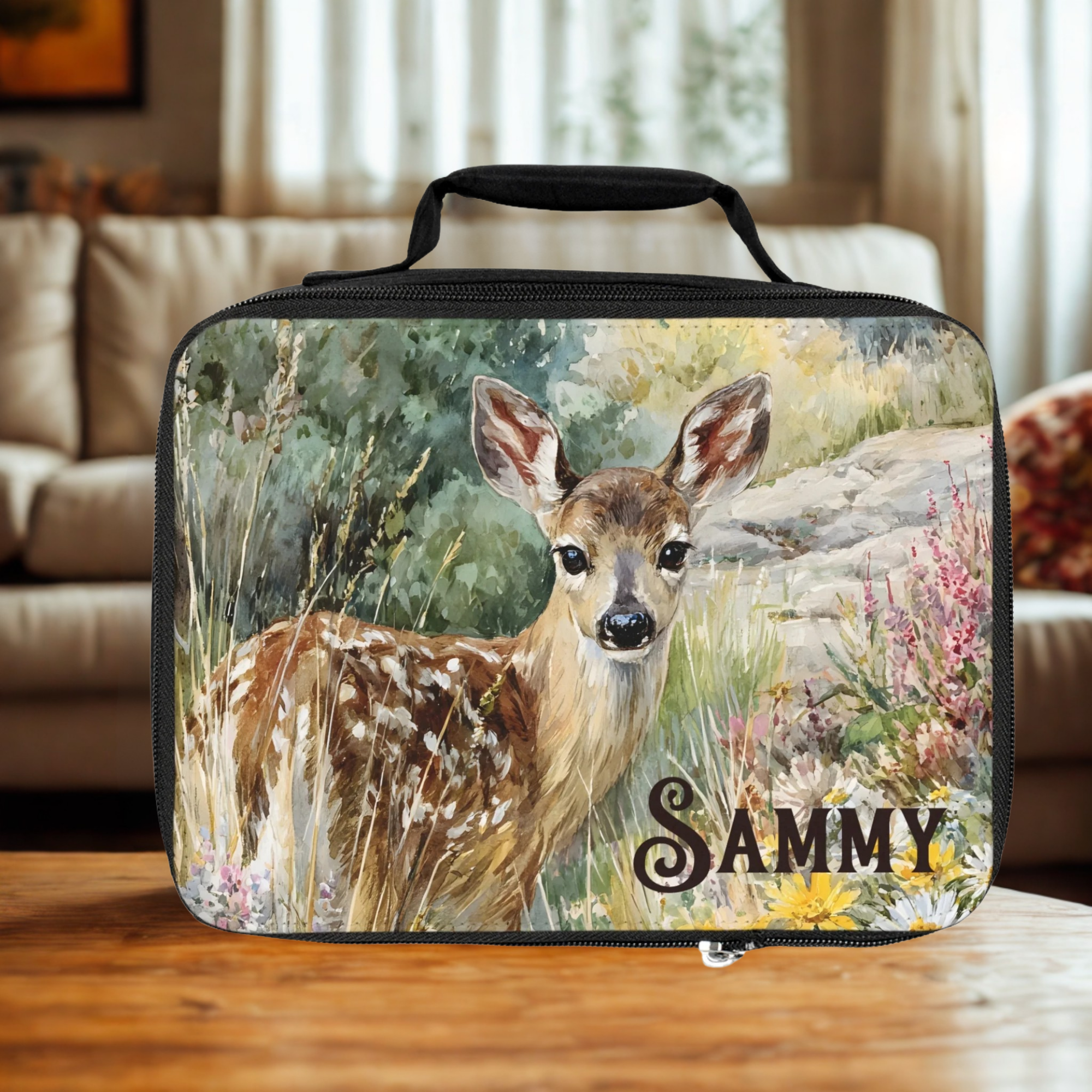 insulated lunch bag with a deer design and 'SAMMY' text on a wooden living room table.