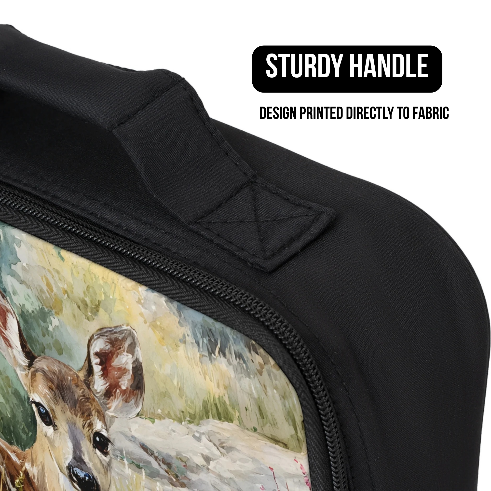 Black bag with a deer design printed directly to fabric and sturdy handle feature