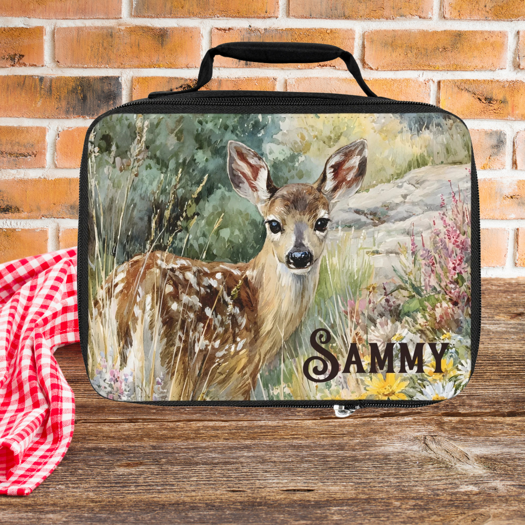  insulated lunch bag with a deer design and 'SAMMY' personalized text on a wooden picnic table with a brick background